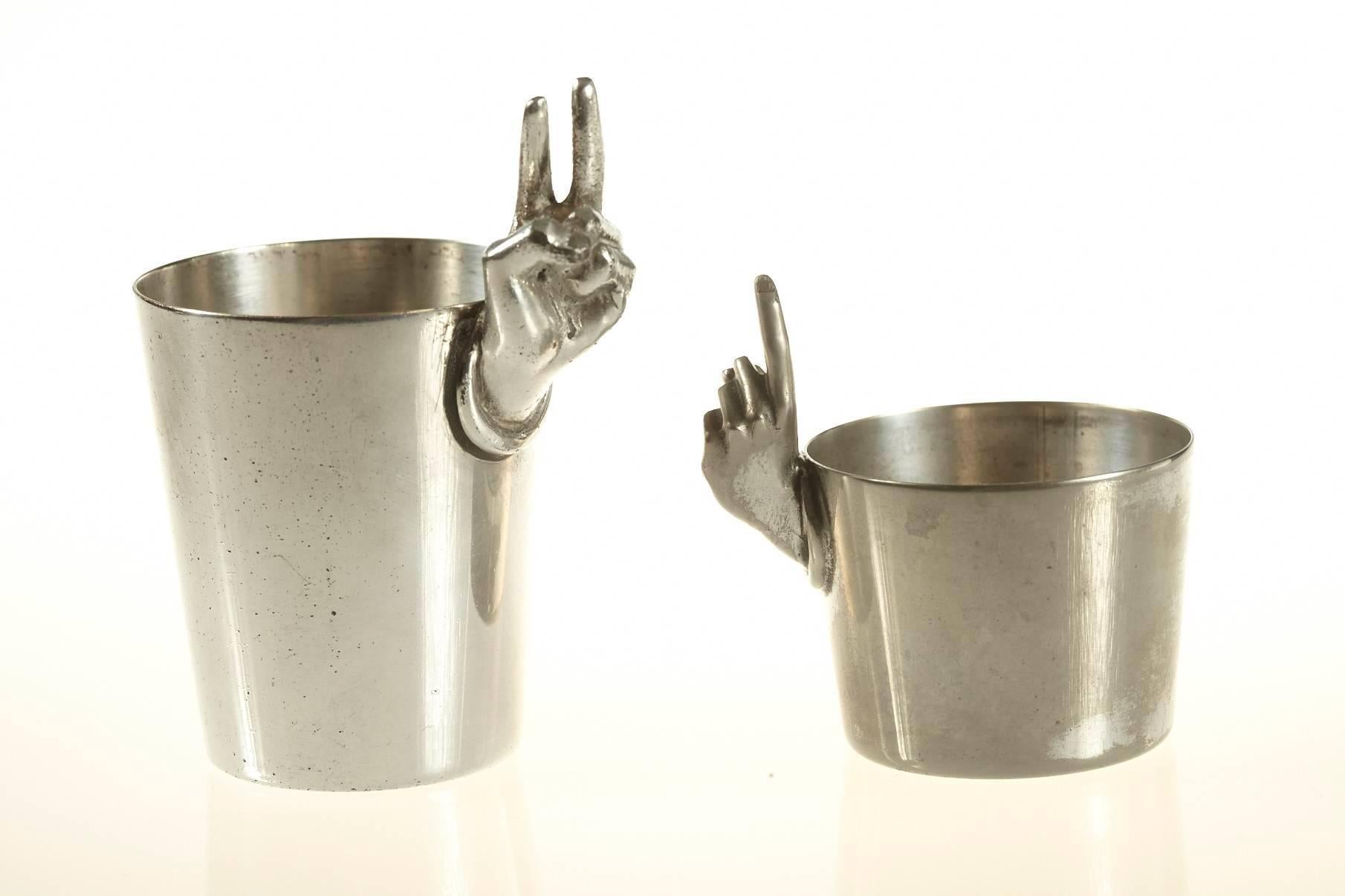 Mid-Century Modern Pair of Vintage Silver Plated Figural One and Two Finger Shot Glasses