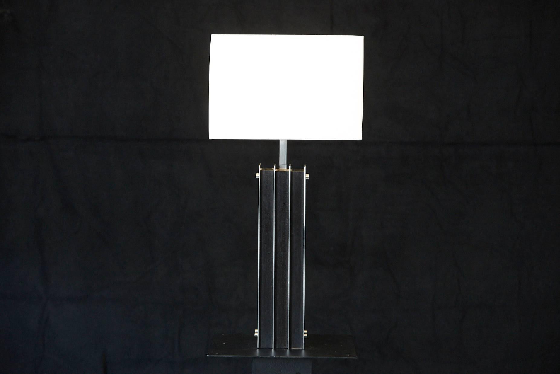 Mid-Century Modern Polished Aluminum and Black Wood Tall Table Lamp