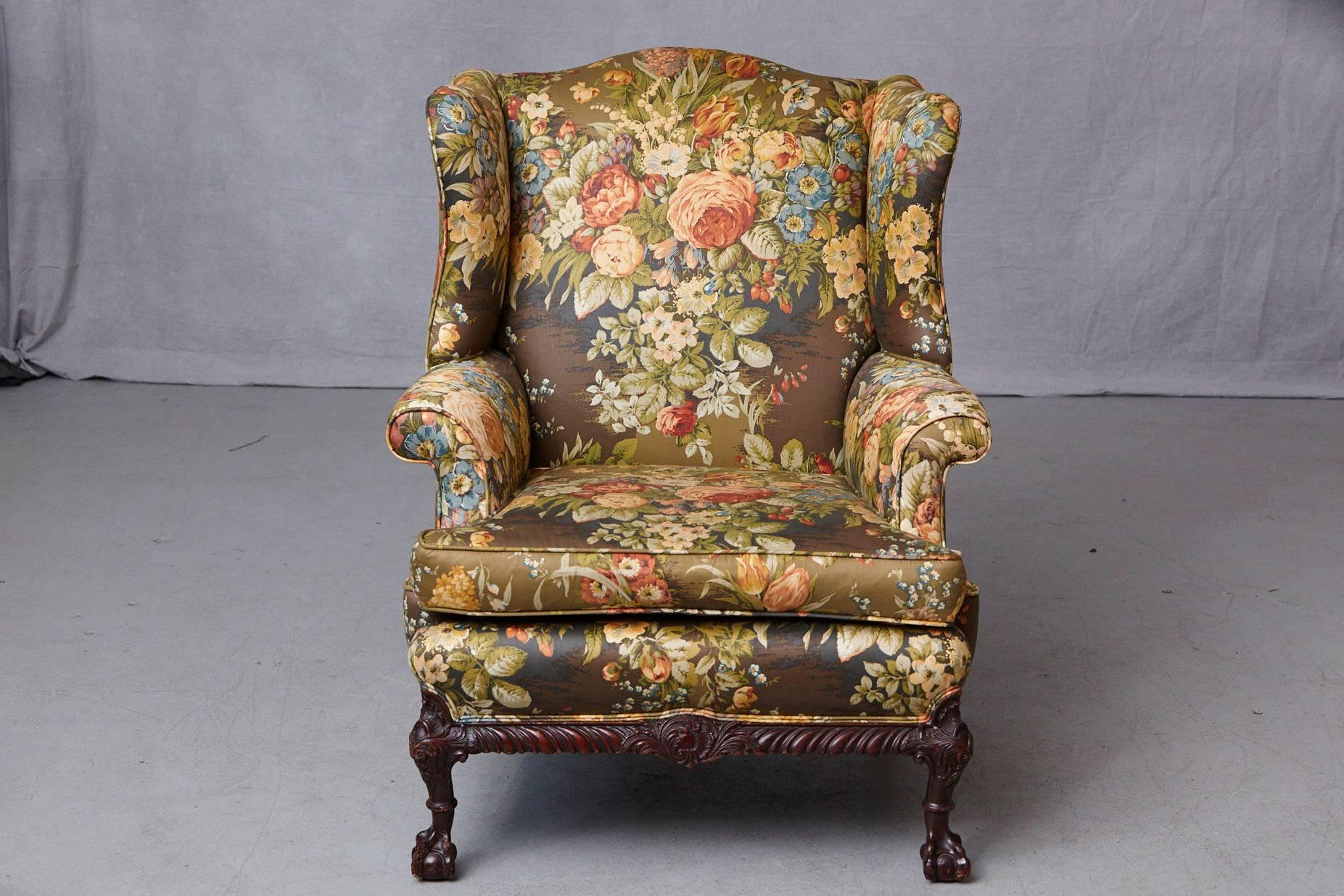 Fabric Late 19th Century Chippendale Mahogany Wing Back Chair with Claw and Ball Feet