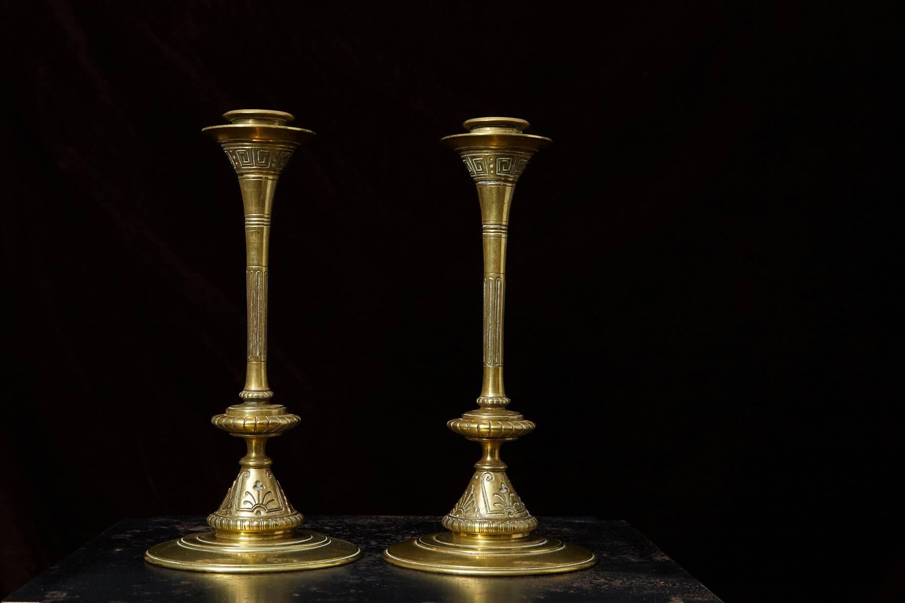 Pair of 19th Century Aesthetic Movement Trumpet Form Brass Candlesticks 3