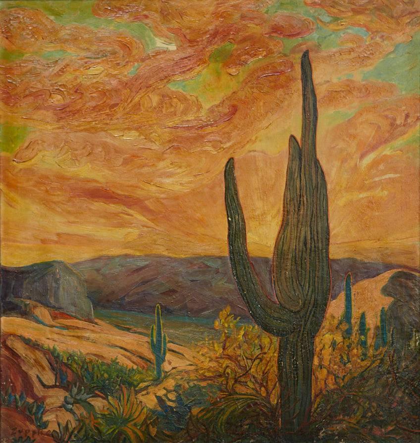 Robert Zuppke, South Western landscape, framed oil on canvas, signed at lower left.
Measurements: with frame H 41.75 x W 39.75, sight H 36.00 x W 33.75

Robert Carl Zuppke (Berlin July 2, 1879 – December 22, 1957) was an American football coach. He