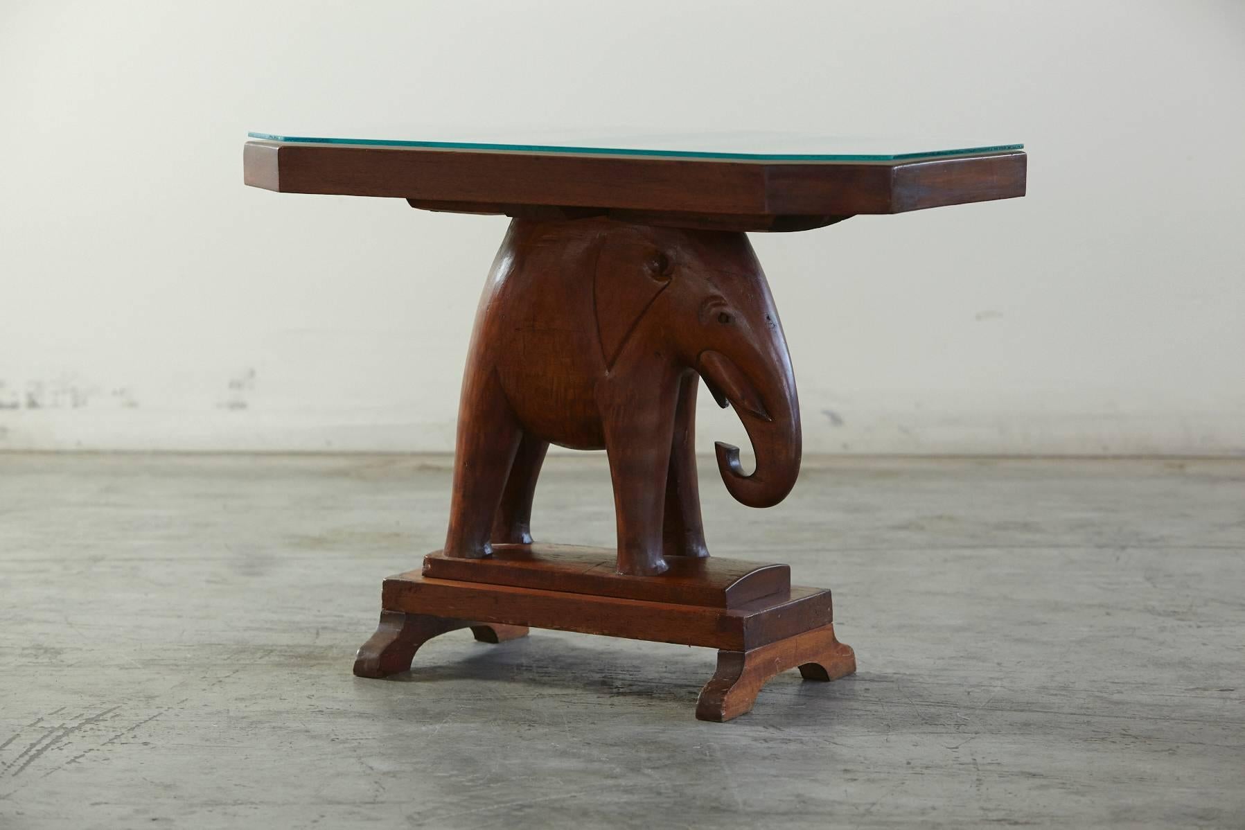 Folk Art Nigerian Mahogany End Table with Carved Elephant Base, circa 1940s