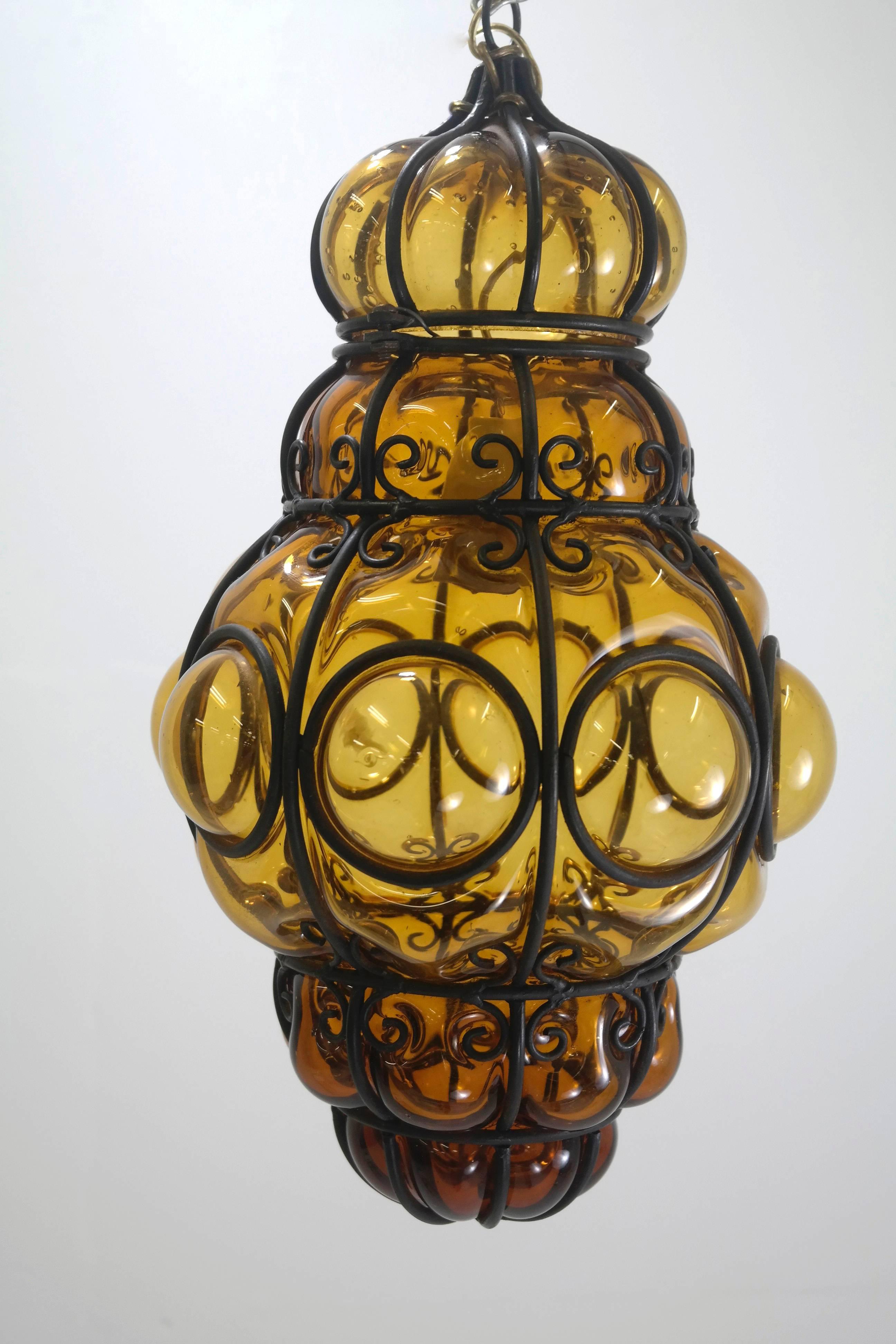 Mid-20th Century Caged Handblown Murano Glass Pendant Lantern