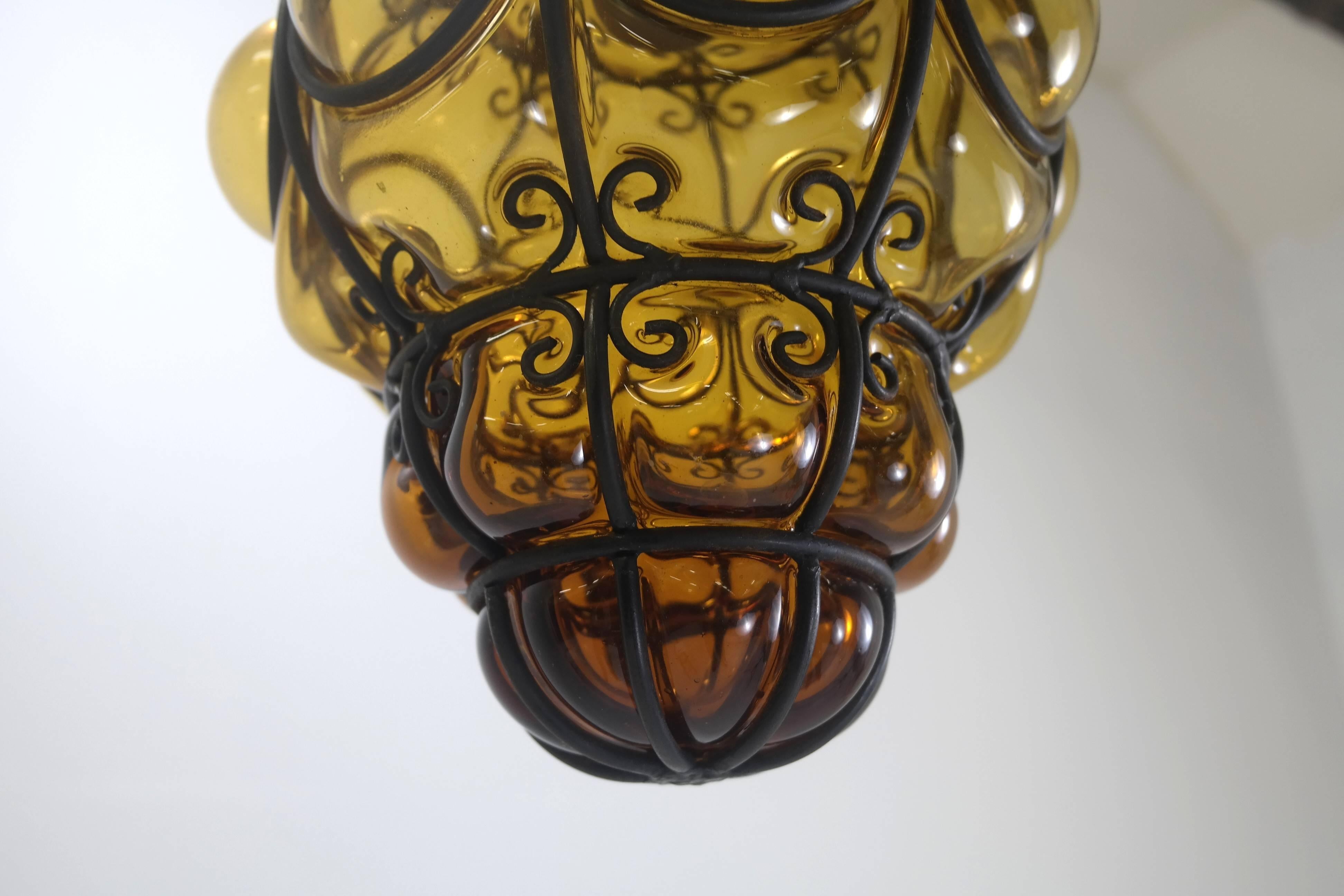 Mid-Century Modern Caged Handblown Murano Glass Pendant Lantern