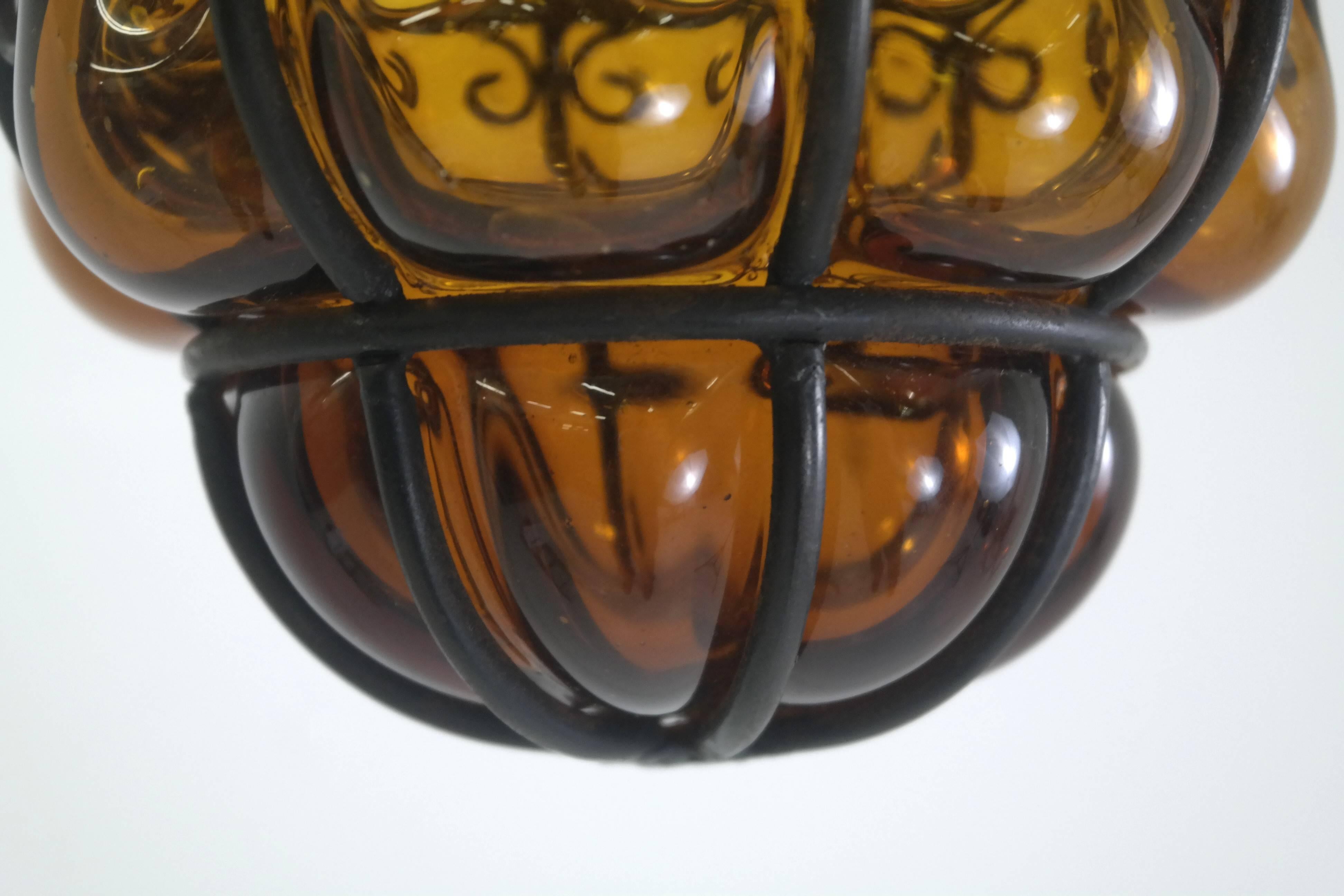 Caged Handblown Murano Glass Pendant Lantern In Good Condition In Pau, FR