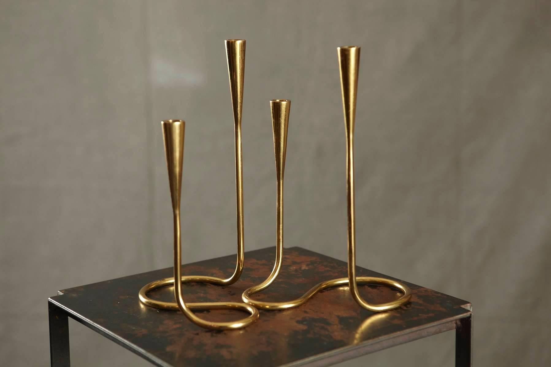 Scandinavian Modern Pair of Brass Double Ended Candlesticks 
