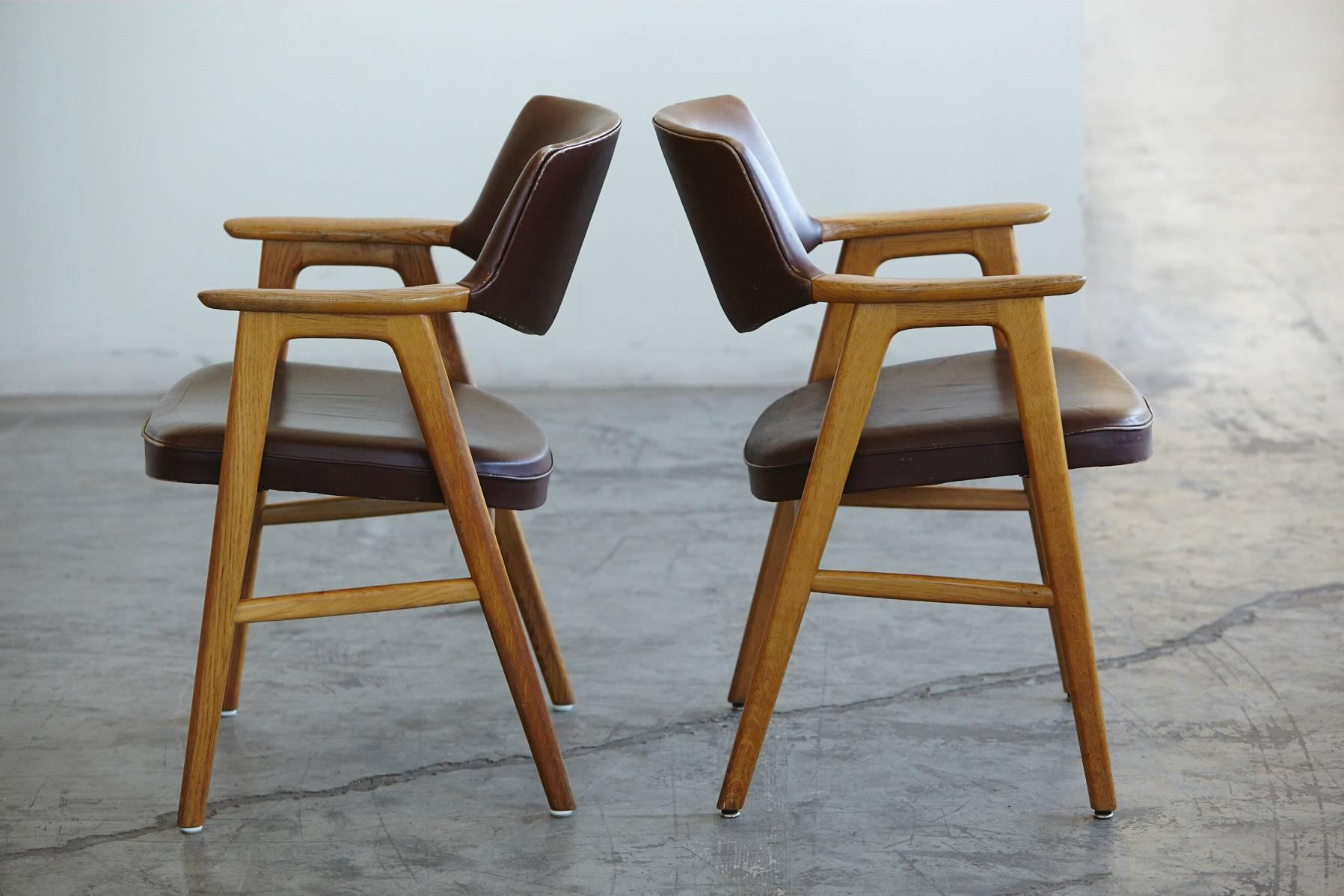 Danish Set of Six Dining Chairs in Oak and Brown Leather by Erik Kirkegaard