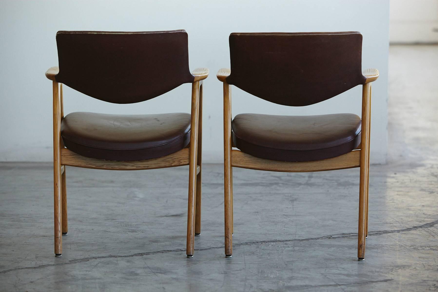 Mid-20th Century Set of Six Dining Chairs in Oak and Brown Leather by Erik Kirkegaard