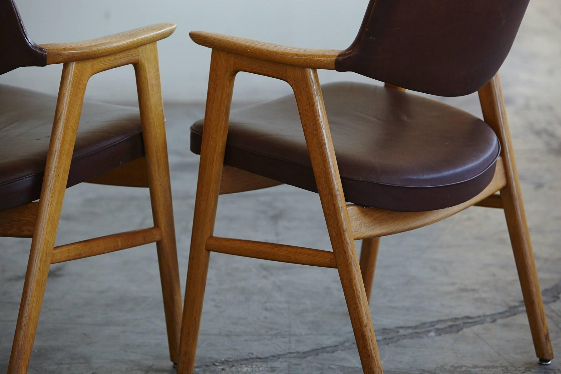 Set of Six Dining Chairs in Oak and Brown Leather by Erik Kirkegaard 1