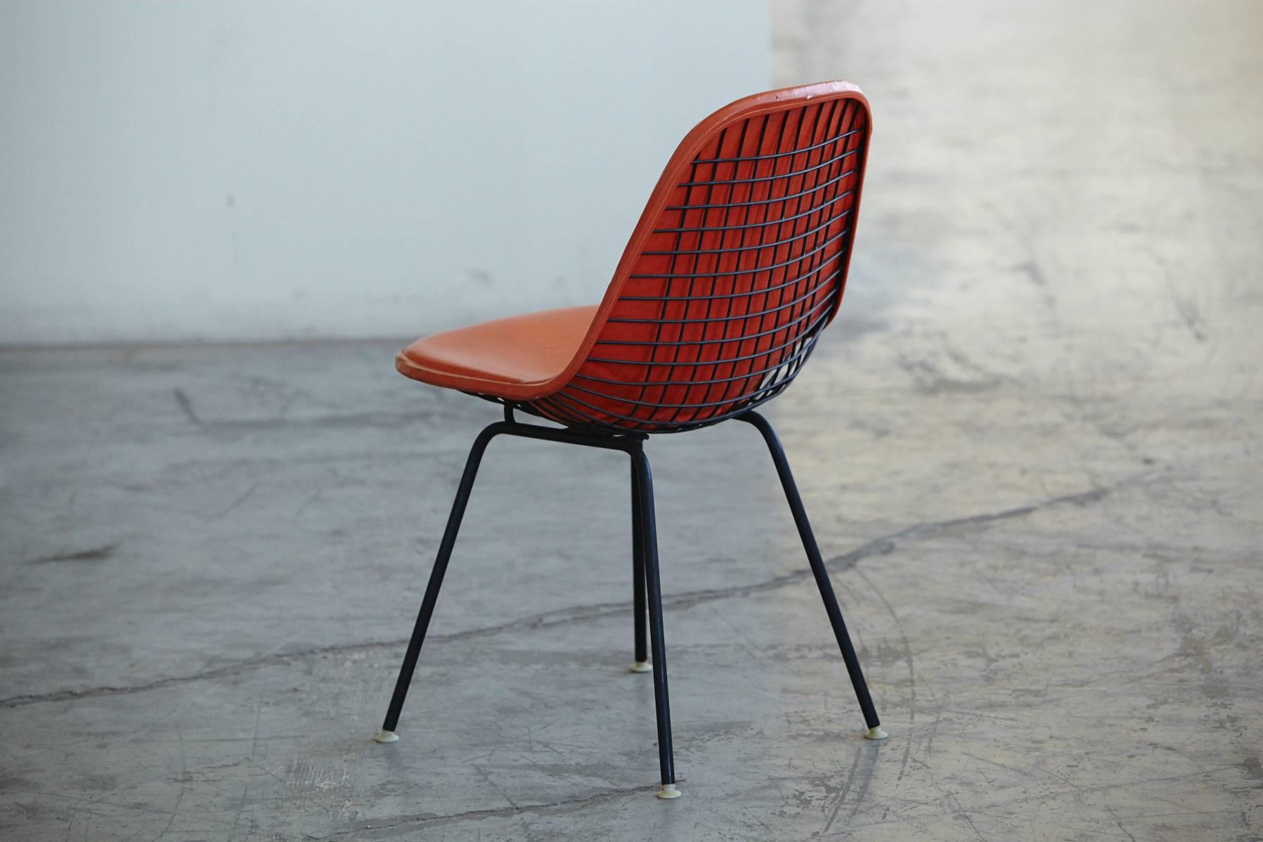 Mid-Century Modern Original Eames DKX-1 Side Chair in Orange Leather for Herman Miller, 1960s For Sale