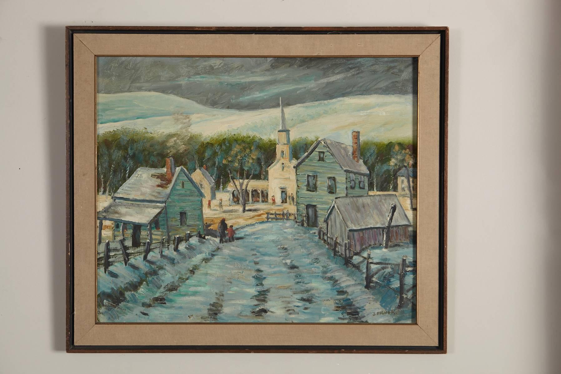 Idyllic plein-air winter scene of a village with snow covered mountains in the background. Thick impasto with nice depth and texture. Signed lower right corner J. Picher.

Great decoration piece for a cottage.

Although the board is stamped -
