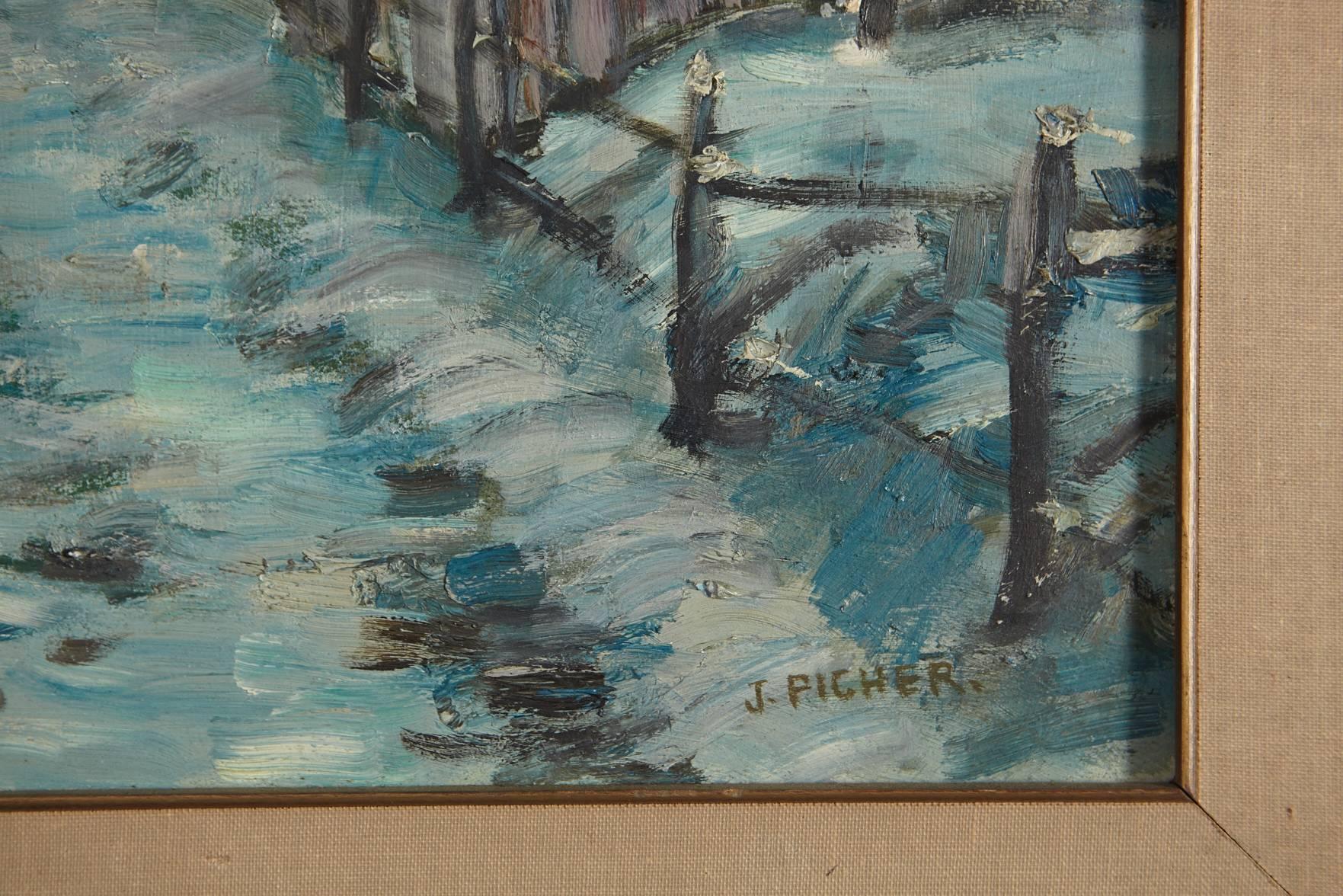 Folk Art J. Picher, Vermont Village in Winter, 1962, Oil on Canvas For Sale