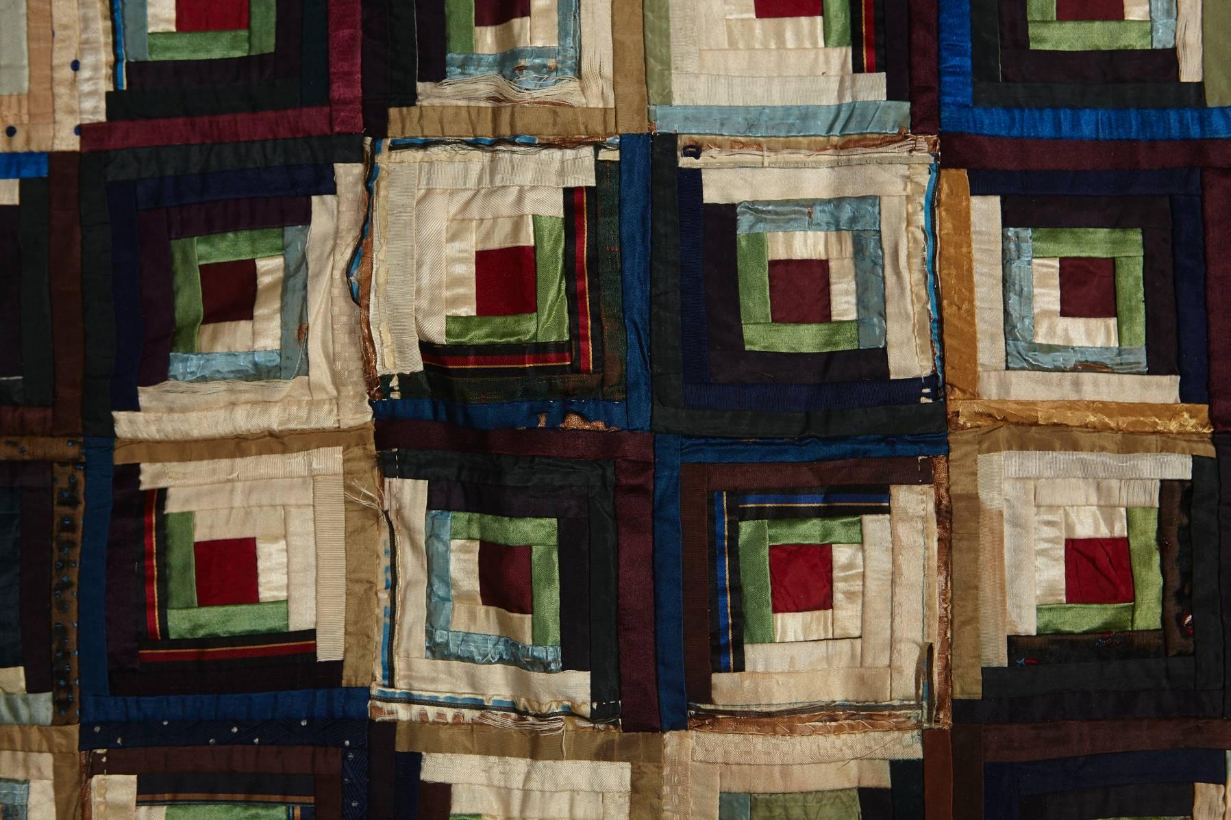 Victorian Antique Log Cabin Barn Raising Pieced Silk Quilt