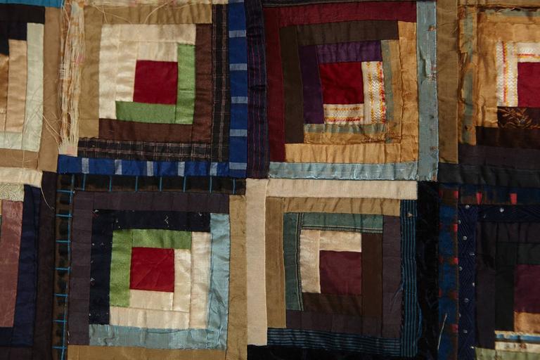 Antique Log Cabin Barn Raising Pieced Silk Quilt at 1stDibs