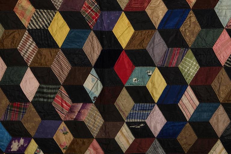 Antique Tumbling Blocks Silk Quilt at 1stDibs