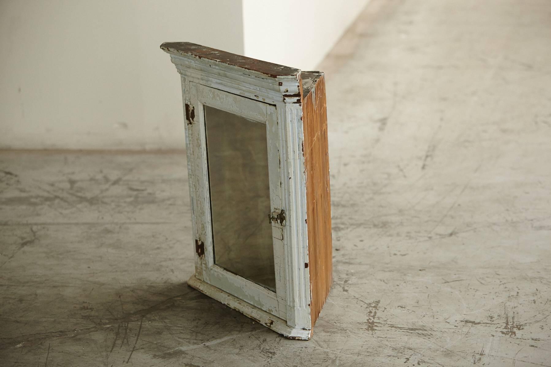 Painted Hanging Corner Cabinet with Mirror and Weathered Patina