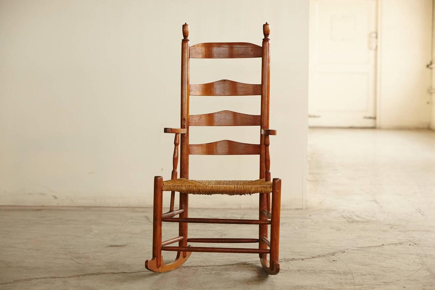 Early American Ladder Back Rocking Chair with Rush Seat, circa 1760 For