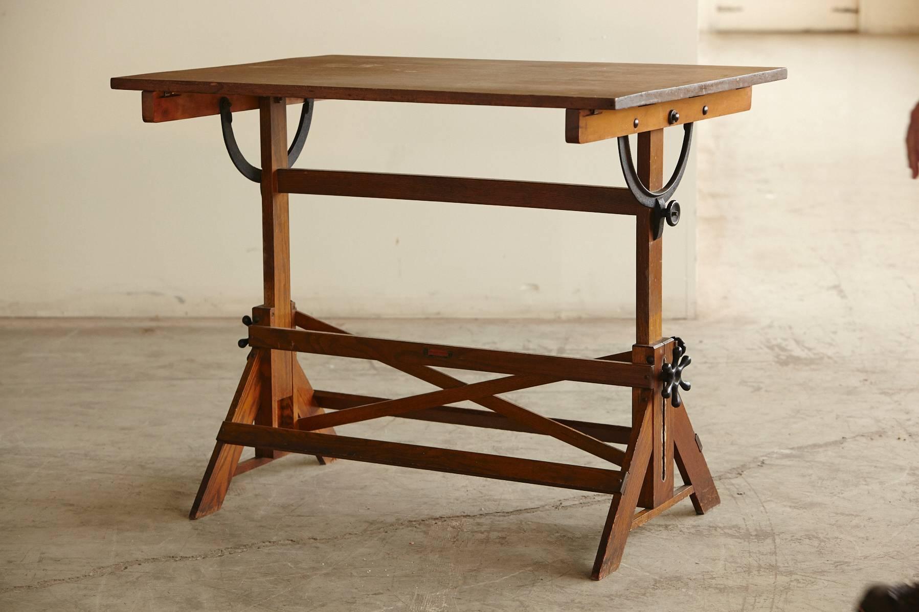 Cast Antique Industrial American Oak Drafting Table