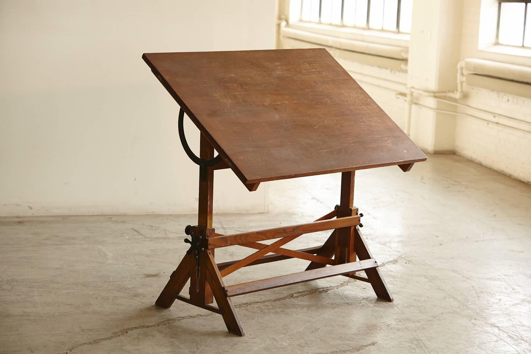 Iron Antique Industrial American Oak Drafting Table