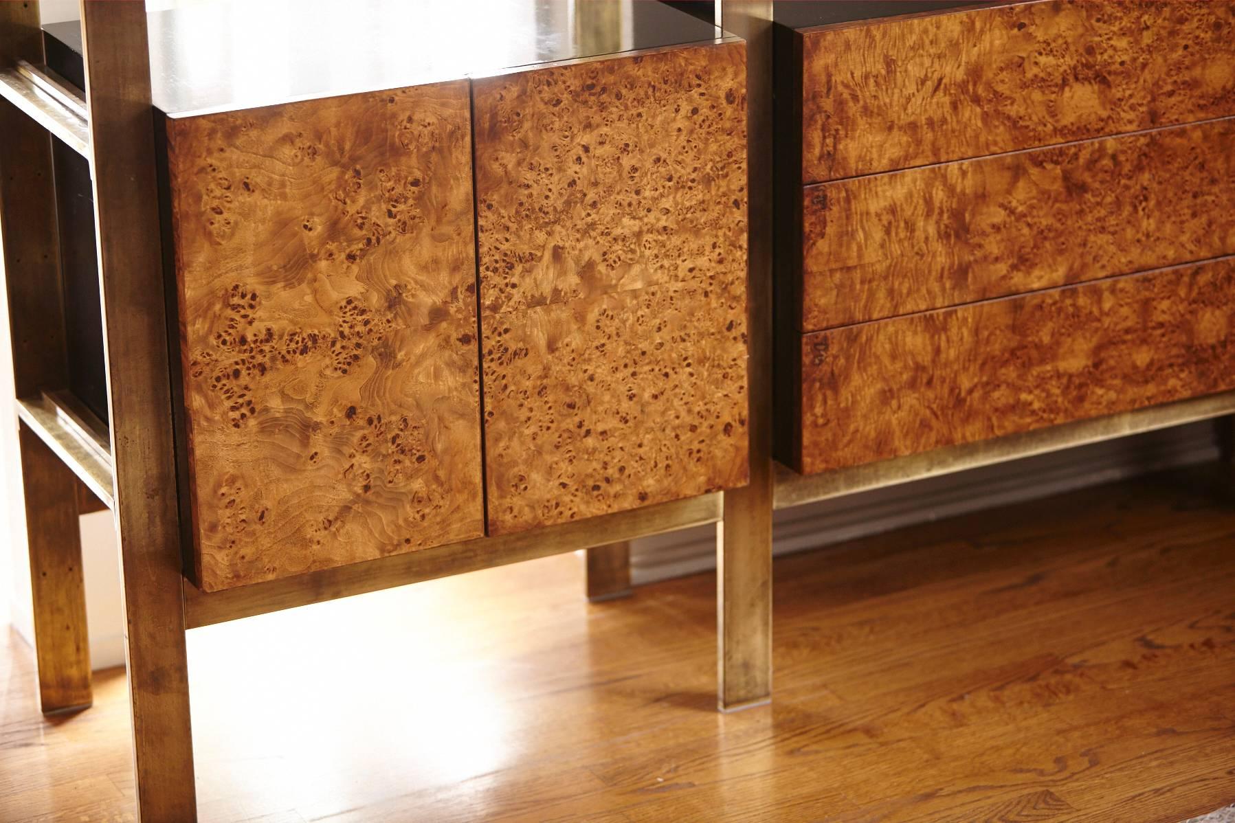 Mid-Century Modern Large Burl, Brass and Black Lacquer Wall Unit by John Stuart