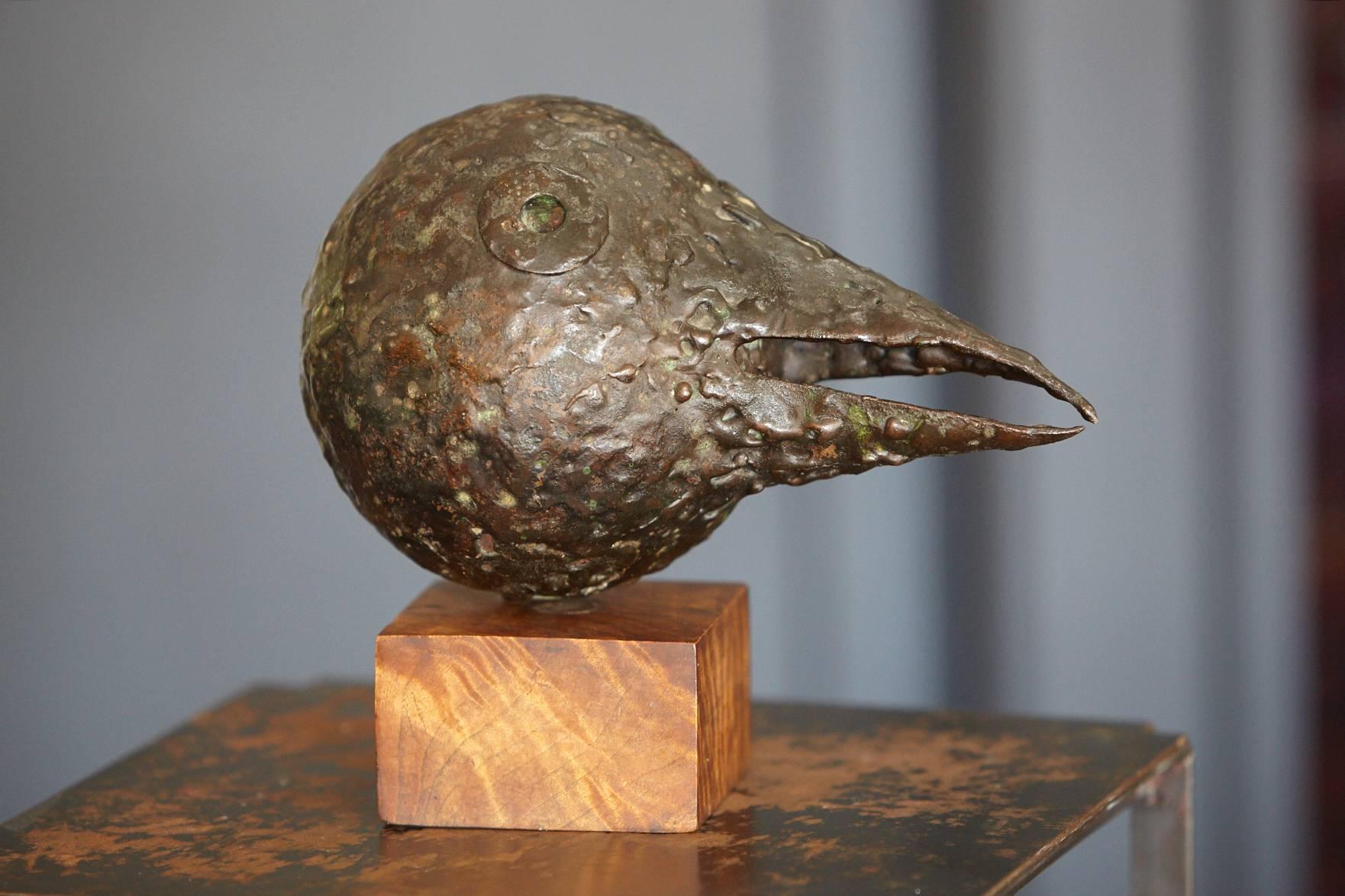 American Brutalist Style Bronze Sculpture Black Bird with Long Beak