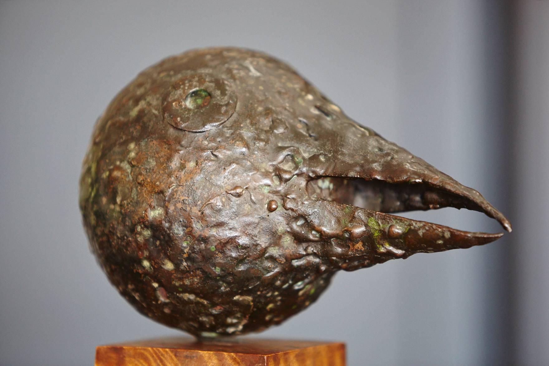 Mid-20th Century Brutalist Style Bronze Sculpture Black Bird with Long Beak