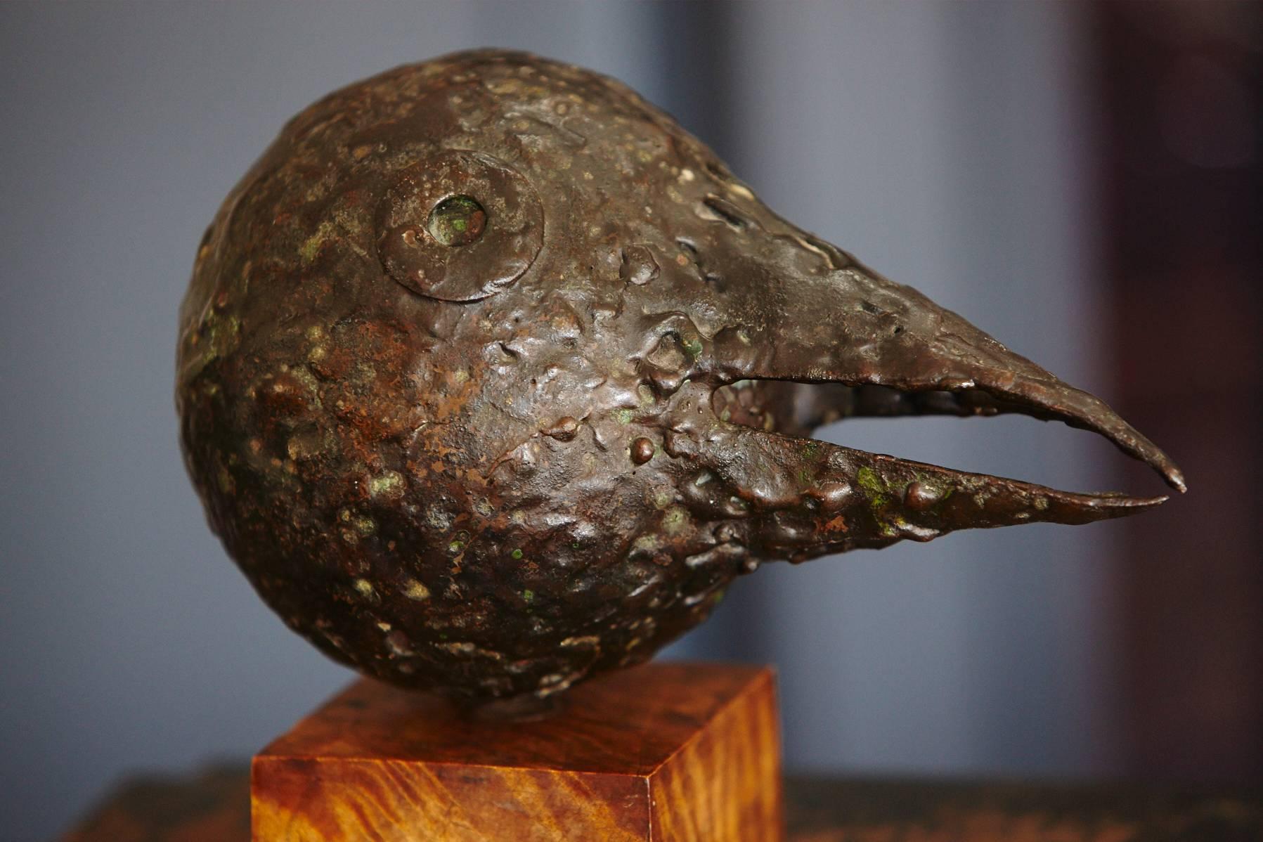 Brutalist Style Bronze Sculpture Black Bird with Long Beak 1