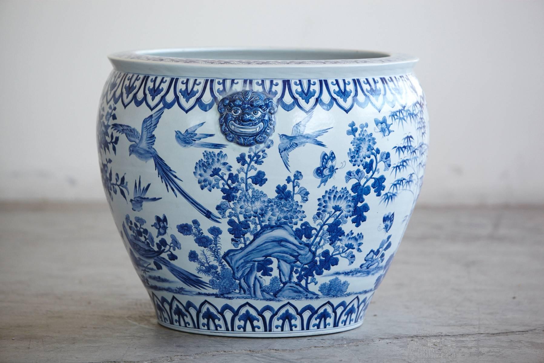 Glazed Large Chinese Blue and White Porcelain Jardinière or Planter