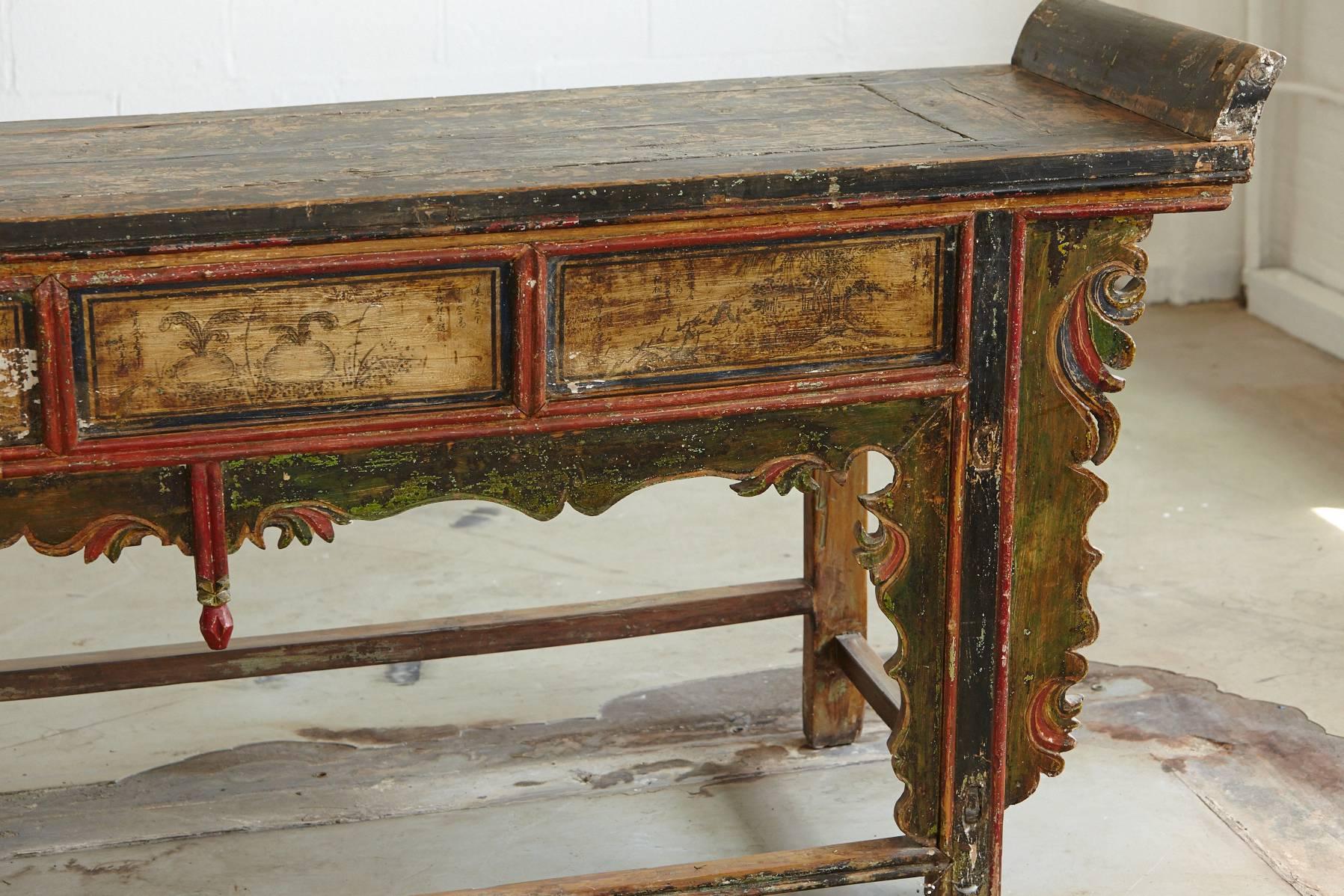 19th Century Long Antique Hand-Carved and Painted Chinese Altar Table