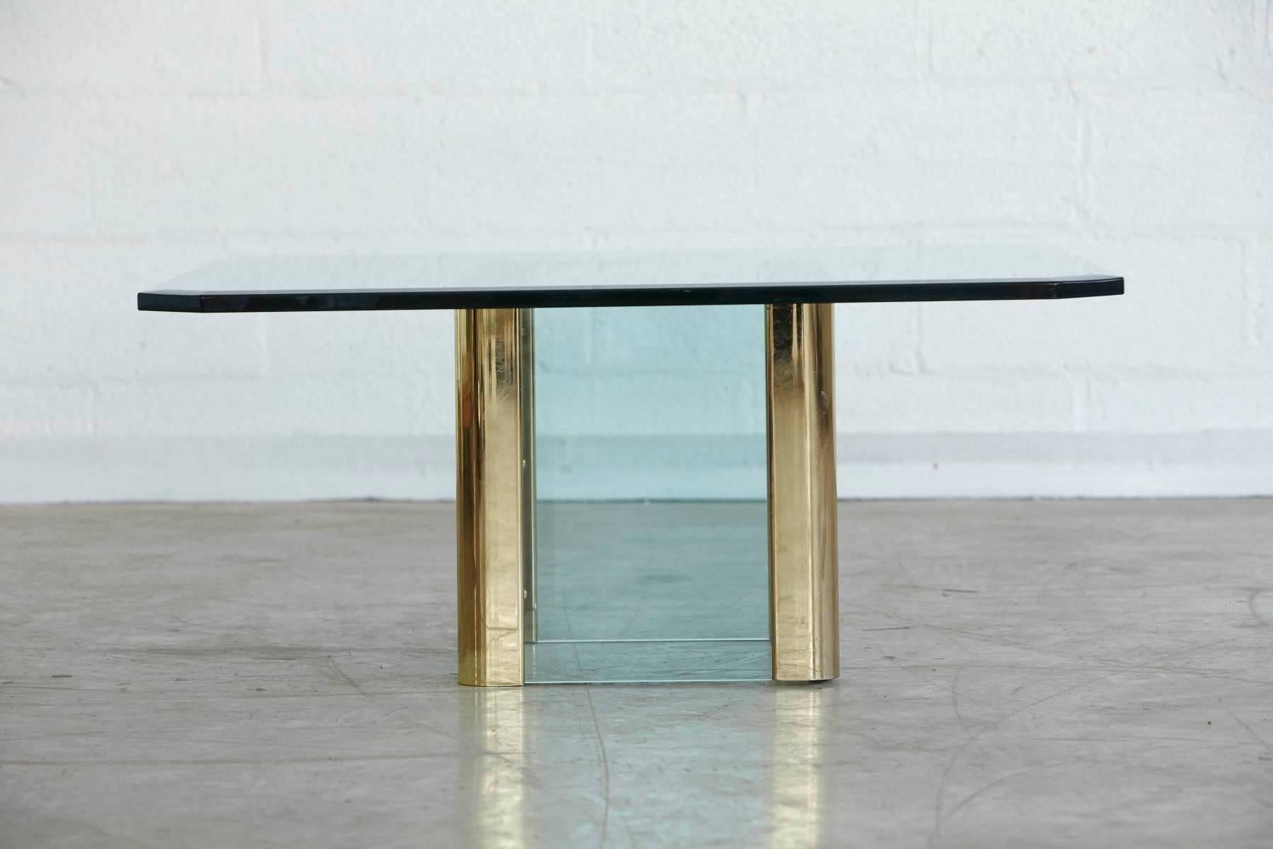 Modern Brass Coffee Table with Beveled Glass Top by Leon Rosen for Pace, 1970s