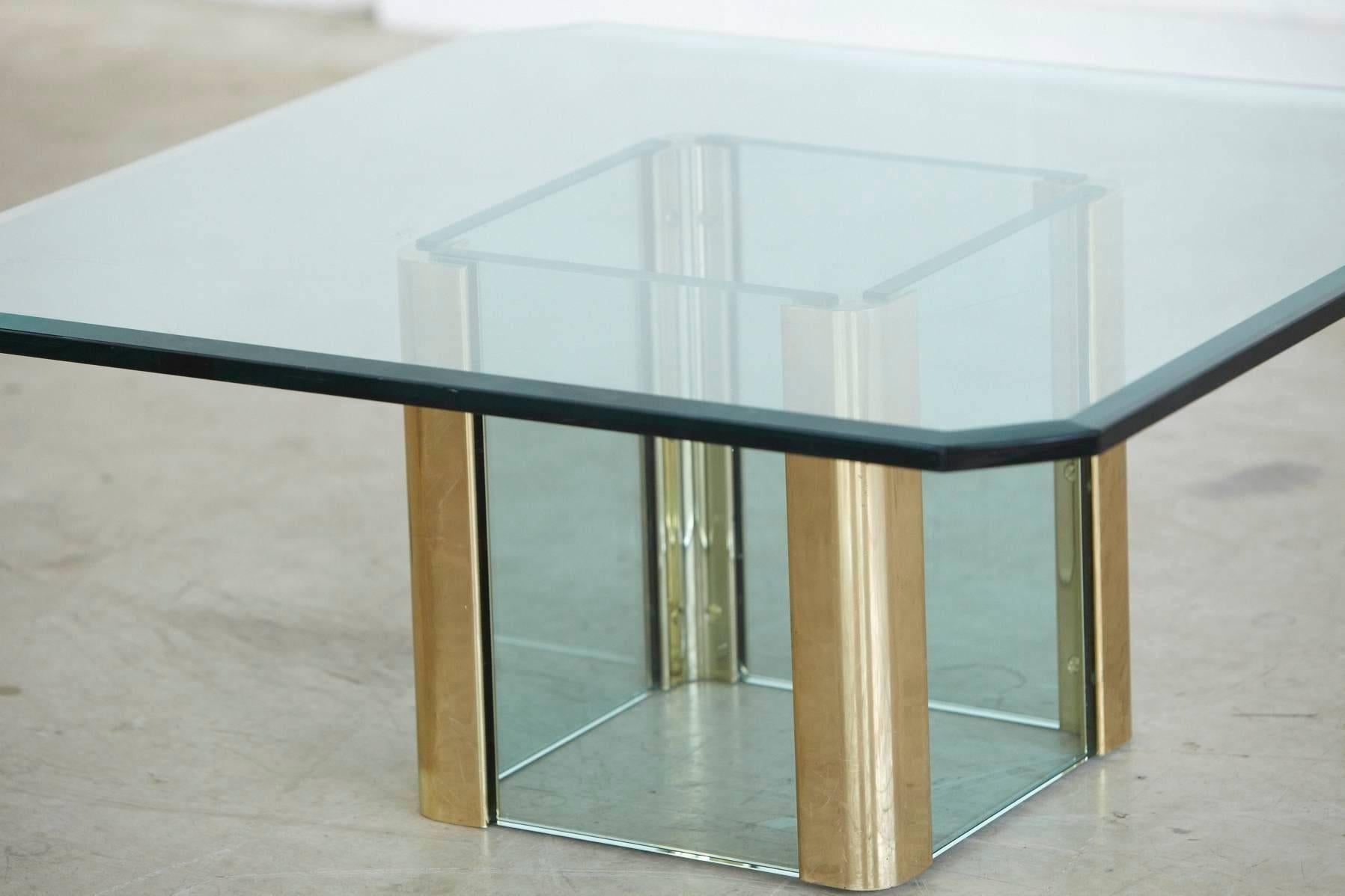 American Brass Coffee Table with Beveled Glass Top by Leon Rosen for Pace, 1970s