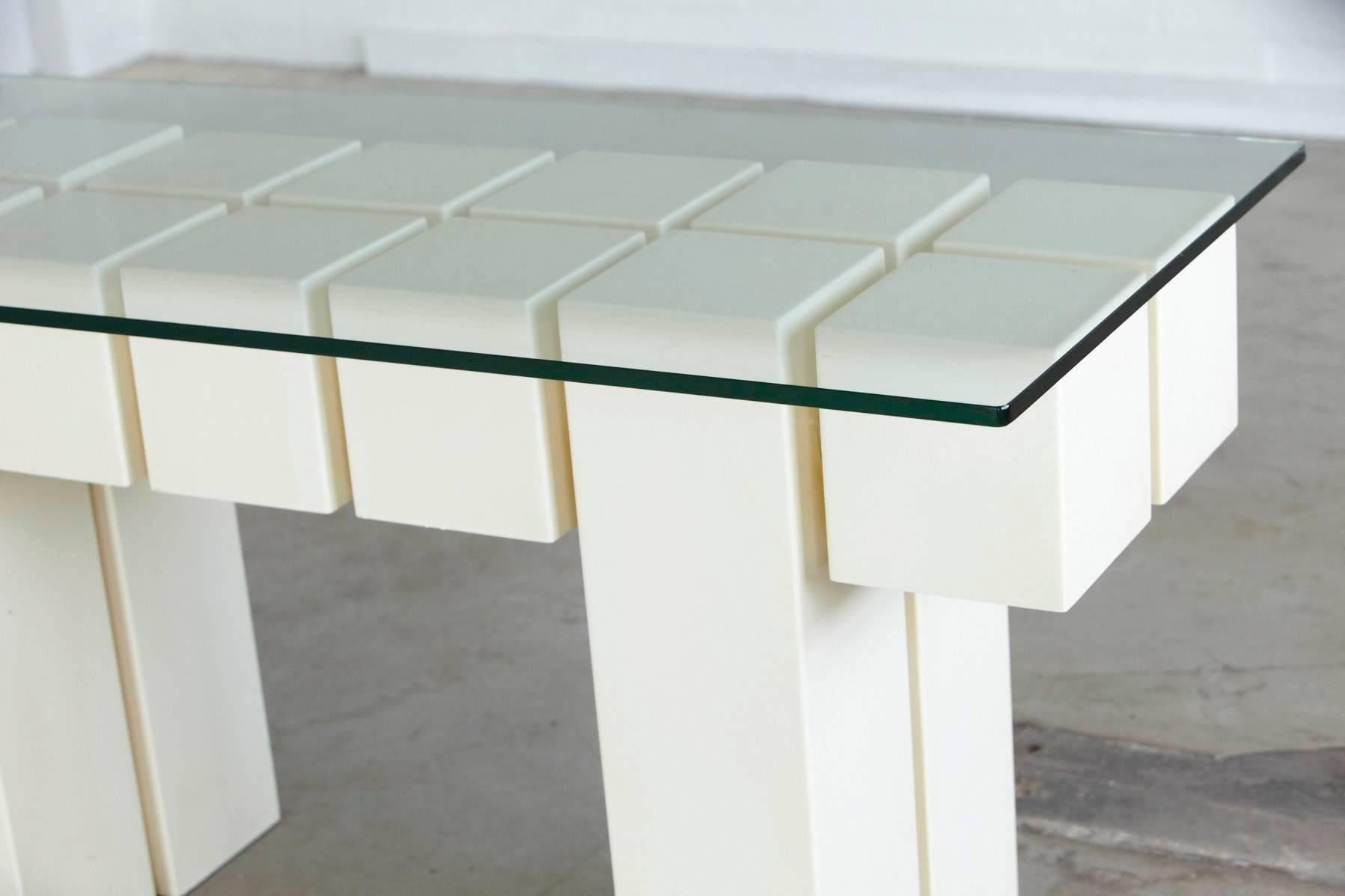 Lacquered Custom-Made White Console with Cubic Segments and Chrome Tube Connectors