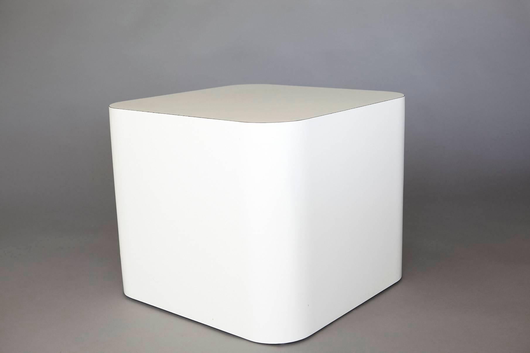 American Custom-Made Minimalistic White Laminate Cubic End Table or Pedestal, 1980s