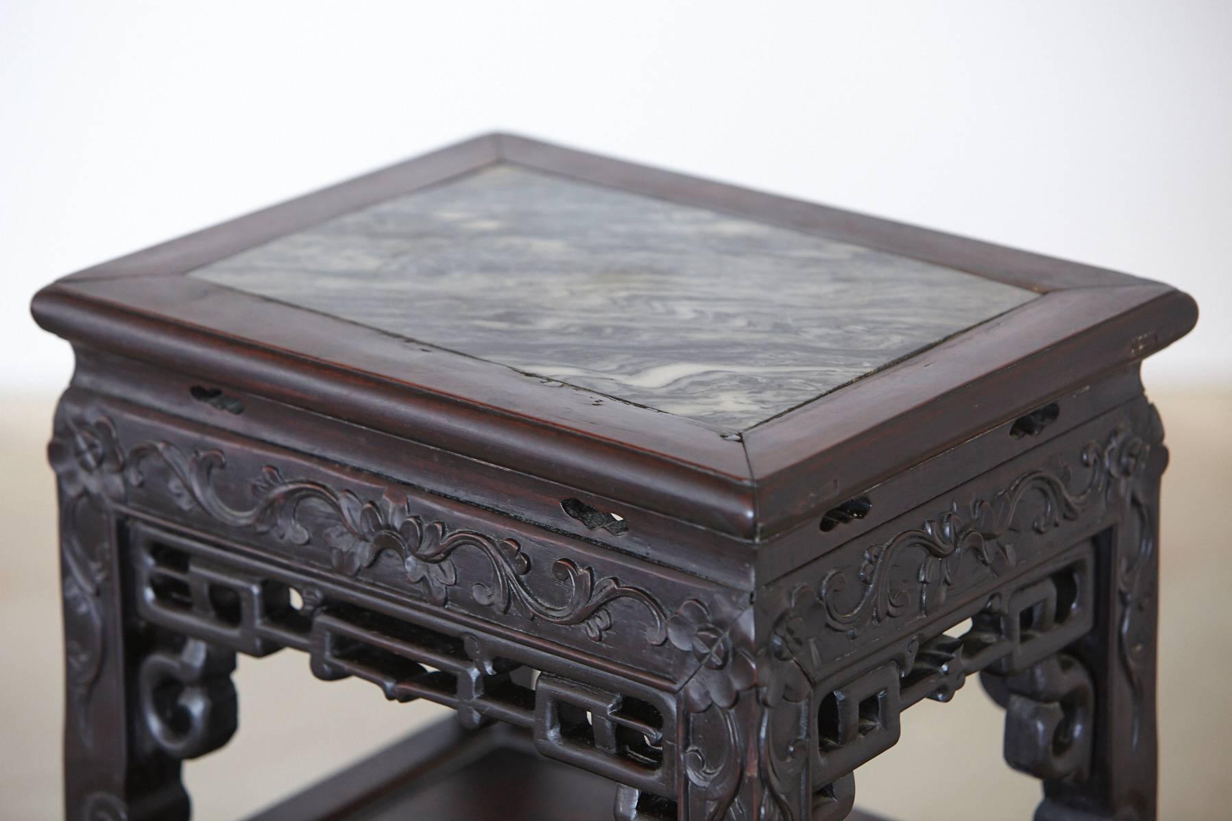 Chinese 19th Century Carved Rectangular Hardwood Table with Marble Inset In Good Condition In Pau, FR