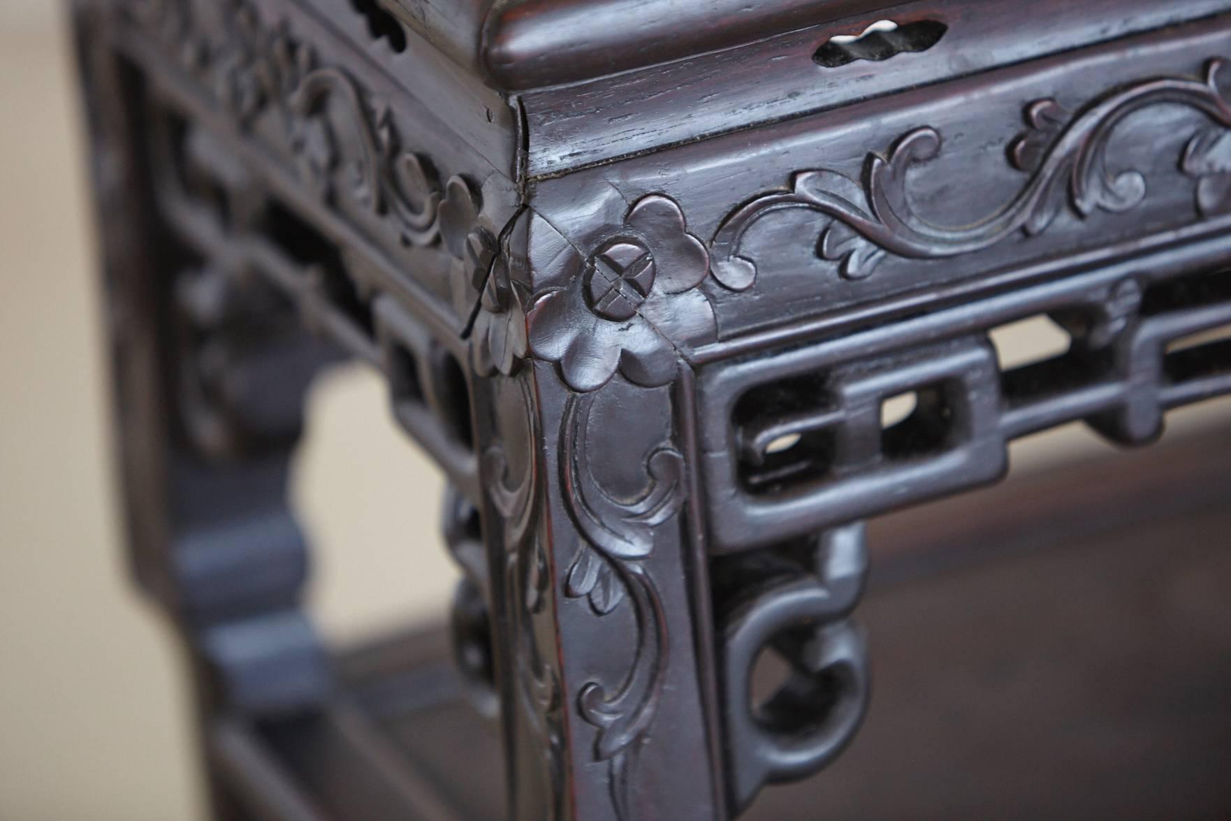 Chinese 19th Century Carved Rectangular Hardwood Table with Marble Inset 4