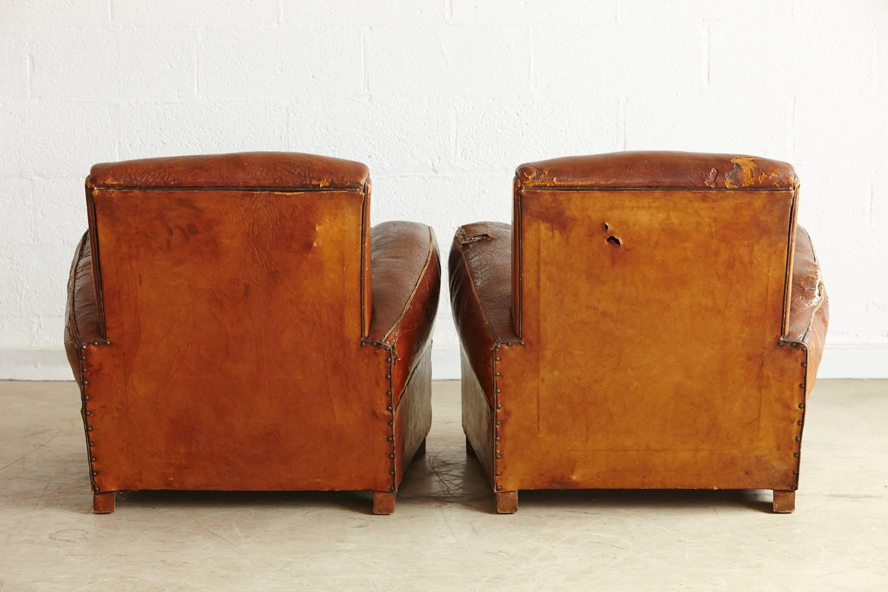 Mid-20th Century Pair of Distressed Wabi Sabi Style, 1940s Large French Leather Fauteuils