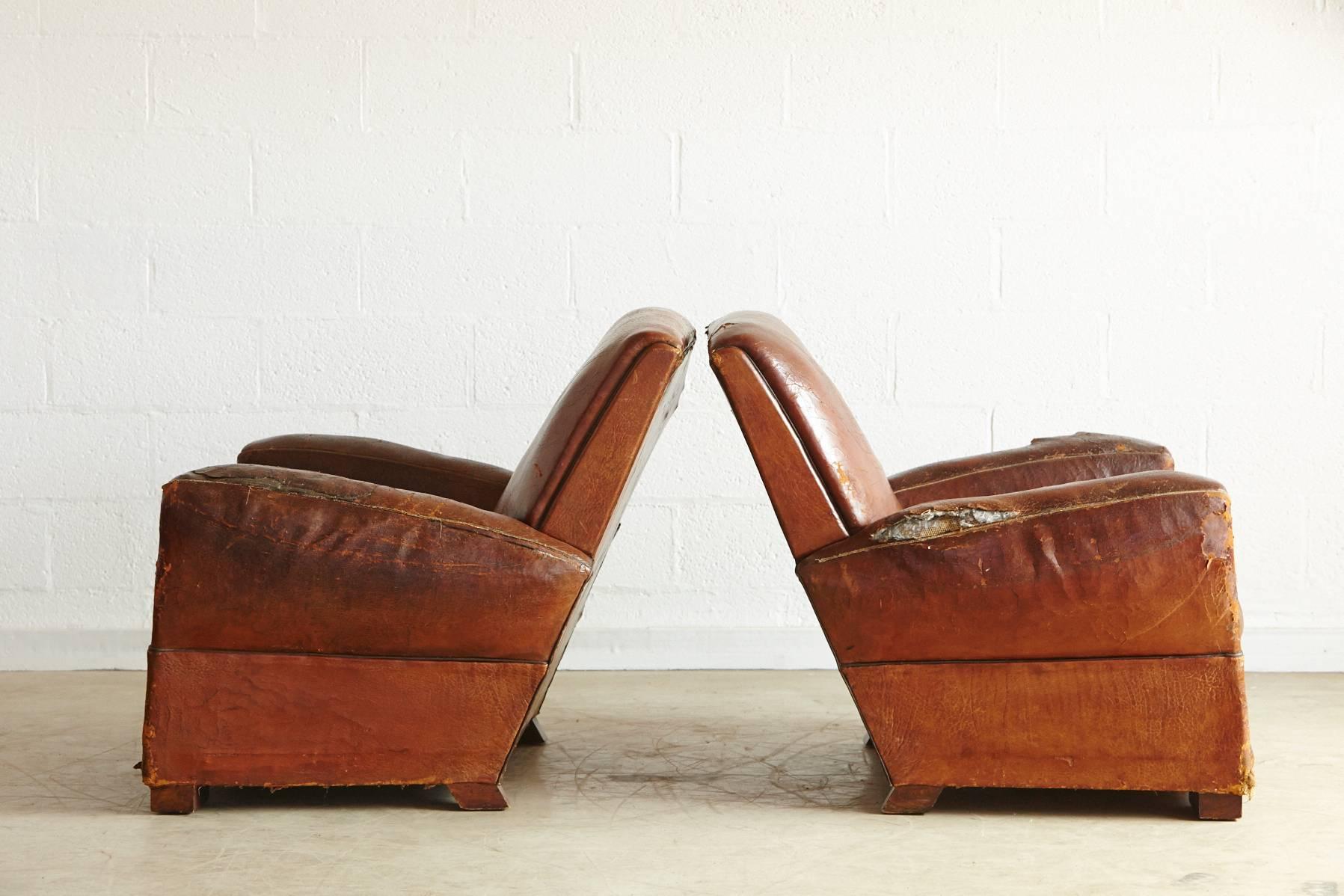 Pair of Distressed Wabi Sabi Style, 1940s Large French Leather Fauteuils 1