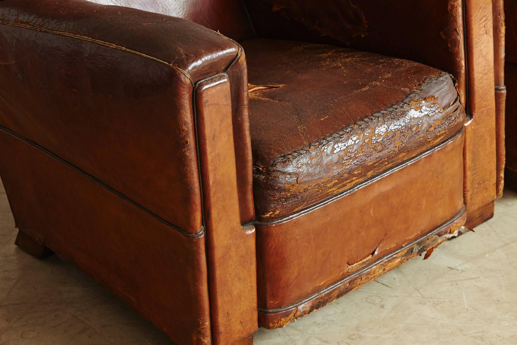 Pair of Distressed Wabi Sabi Style, 1940s Large French Leather Fauteuils 3