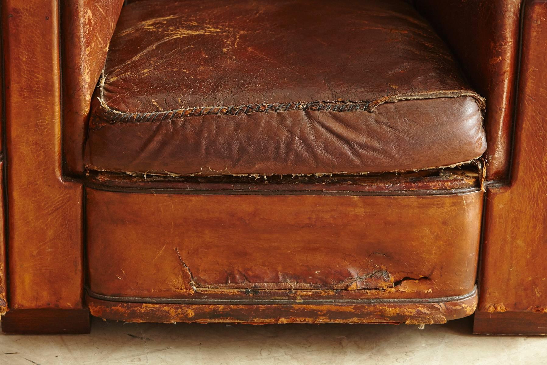 Pair of Distressed Wabi Sabi Style, 1940s Large French Leather Fauteuils 4