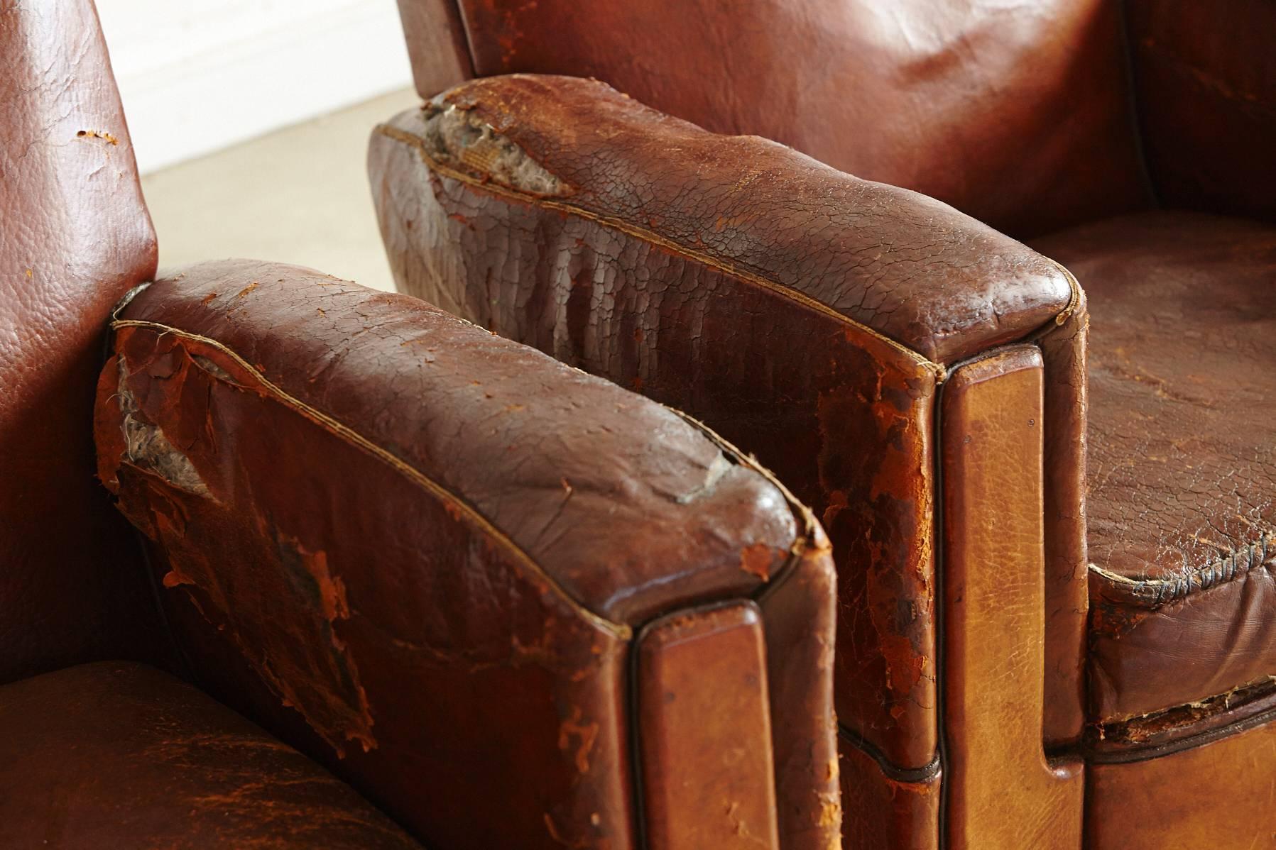 Pair of Distressed Wabi Sabi Style, 1940s Large French Leather Fauteuils 6