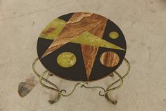 Wrought Iron Side Table with Black Marble Top and Geometric Inlays, circa 1940s
