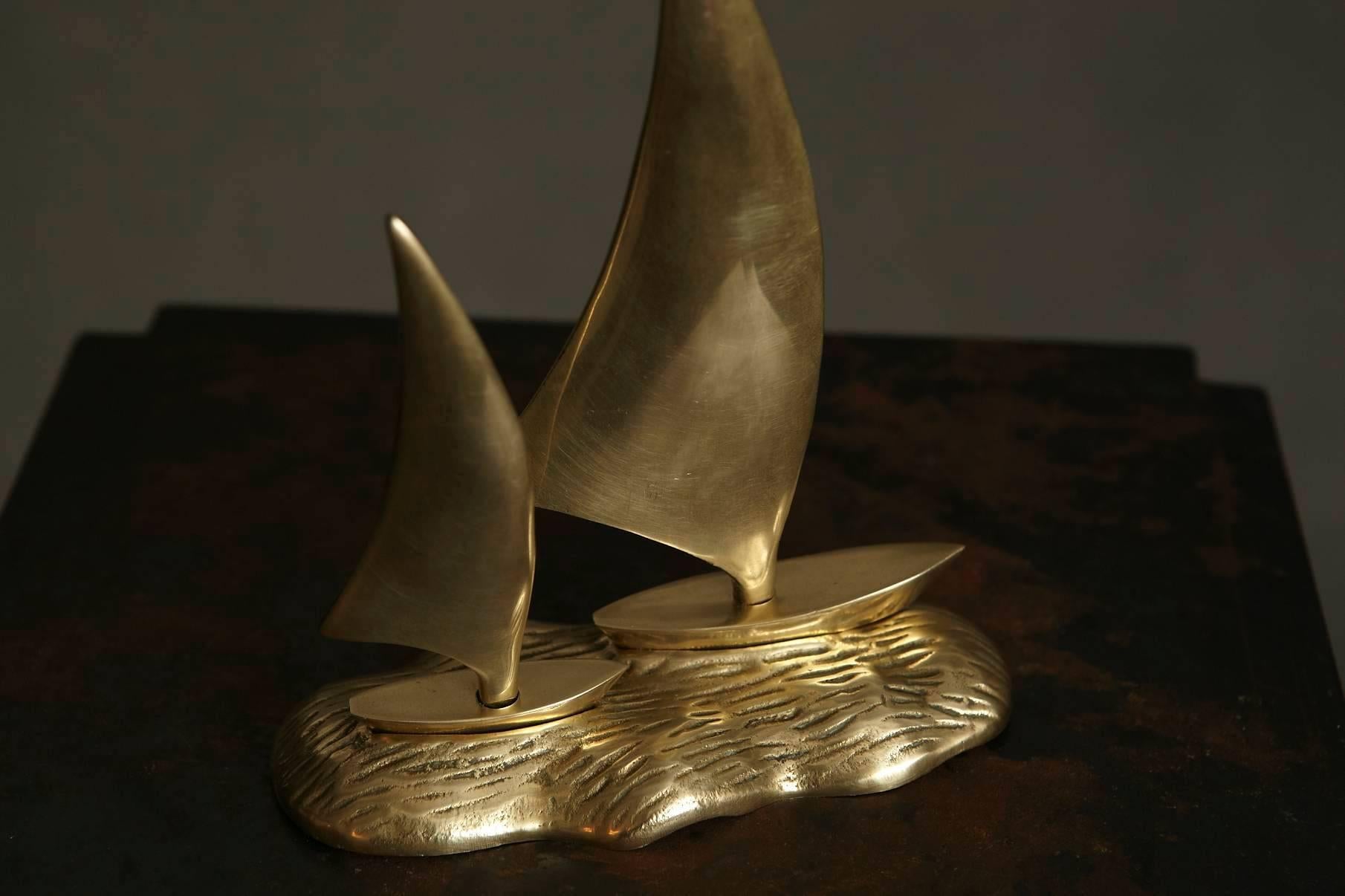 Mid-Century Modern Minimalist Little Sculpture of a Pair of Brass Sailboats