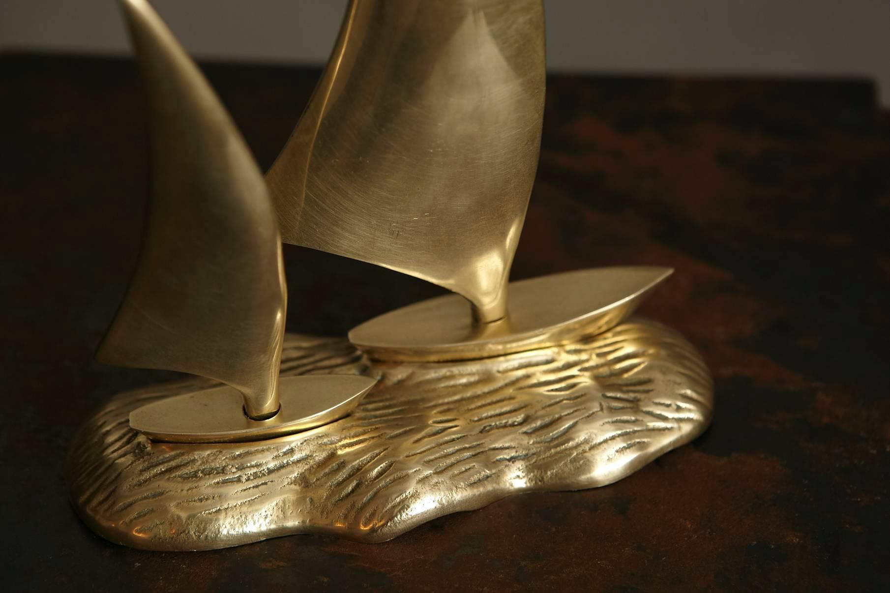 American Minimalist Little Sculpture of a Pair of Brass Sailboats