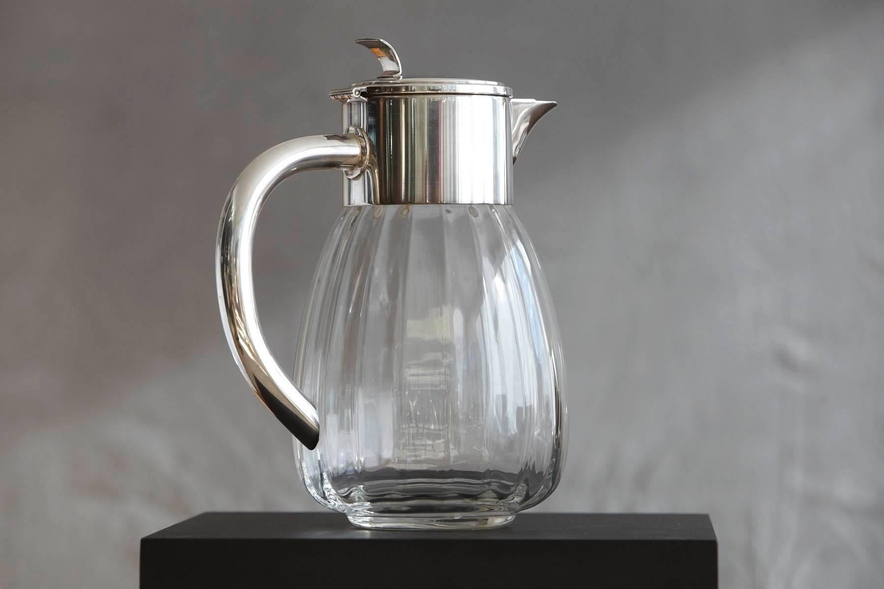 Mid-Century Modern Silver Plate and Glass Water Carafe by Eisenberg Lozano, Made in Germany 