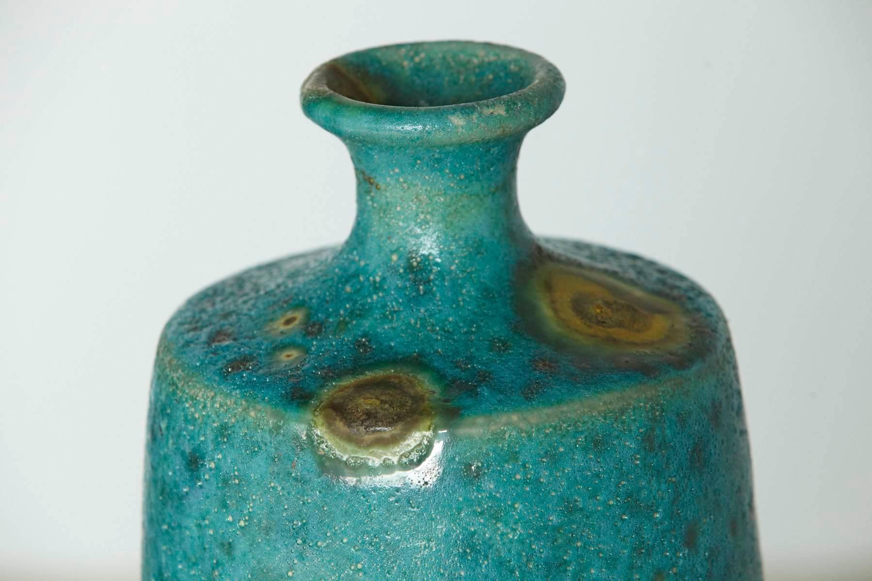 Mid-Century Modern Large Italian Modern Turquoise Blue Ceramic Vase in the Style of Guido Gambone For Sale