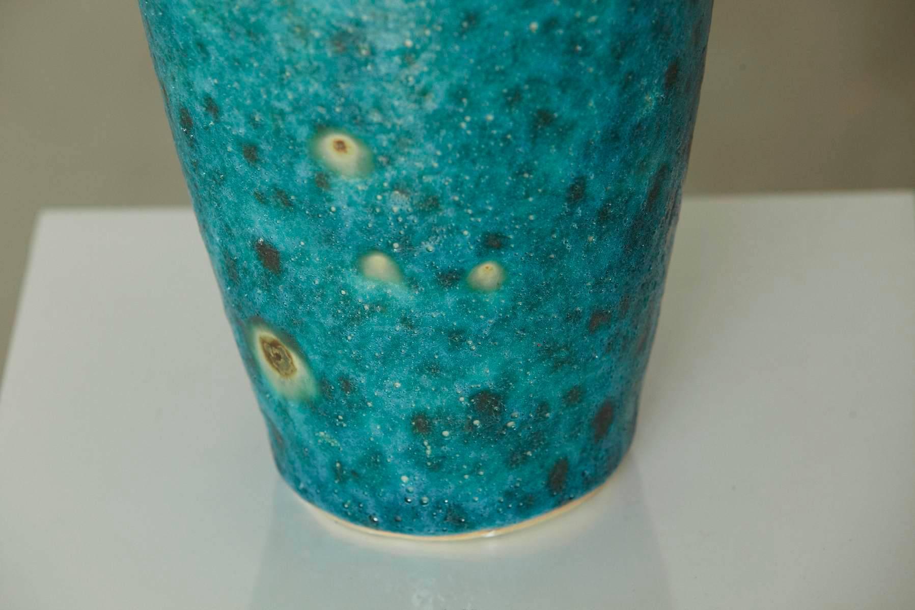 Glazed Large Italian Modern Turquoise Blue Ceramic Vase in the Style of Guido Gambone For Sale
