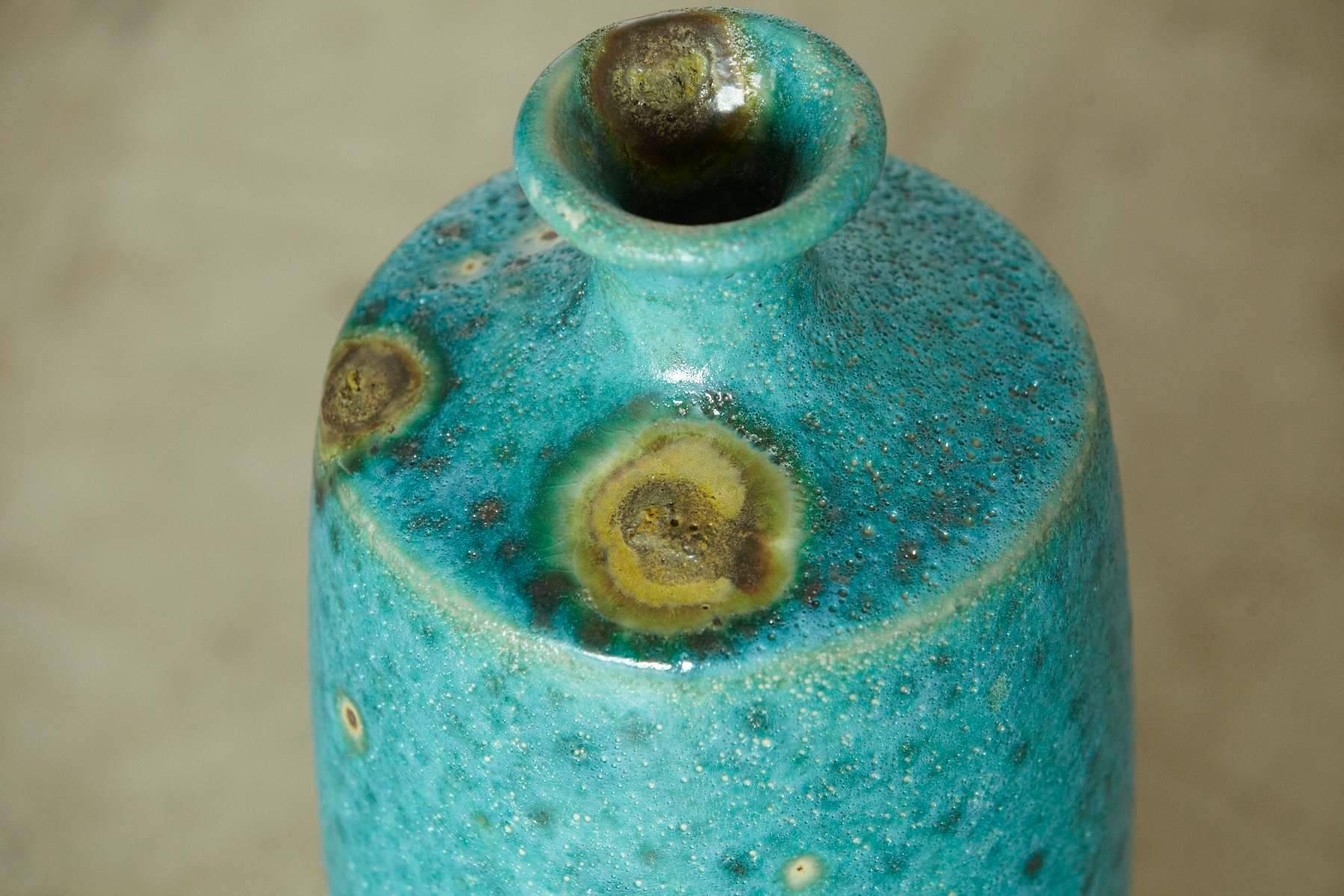Mid-20th Century Large Italian Modern Turquoise Blue Ceramic Vase in the Style of Guido Gambone For Sale