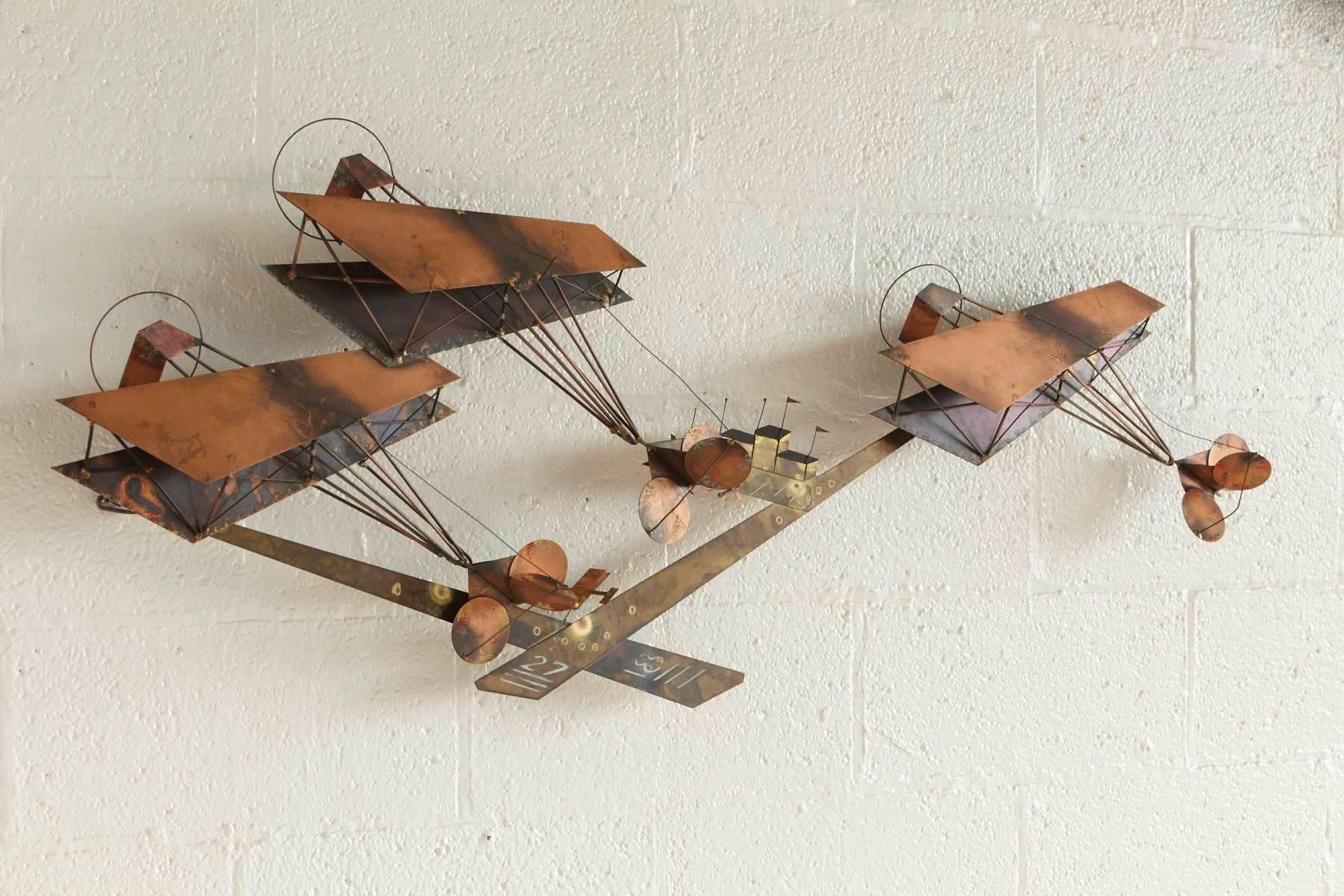 Welded Curtis Jere Brass Wall Sculpture of Airplanes and Airfield, Signed, 1970s