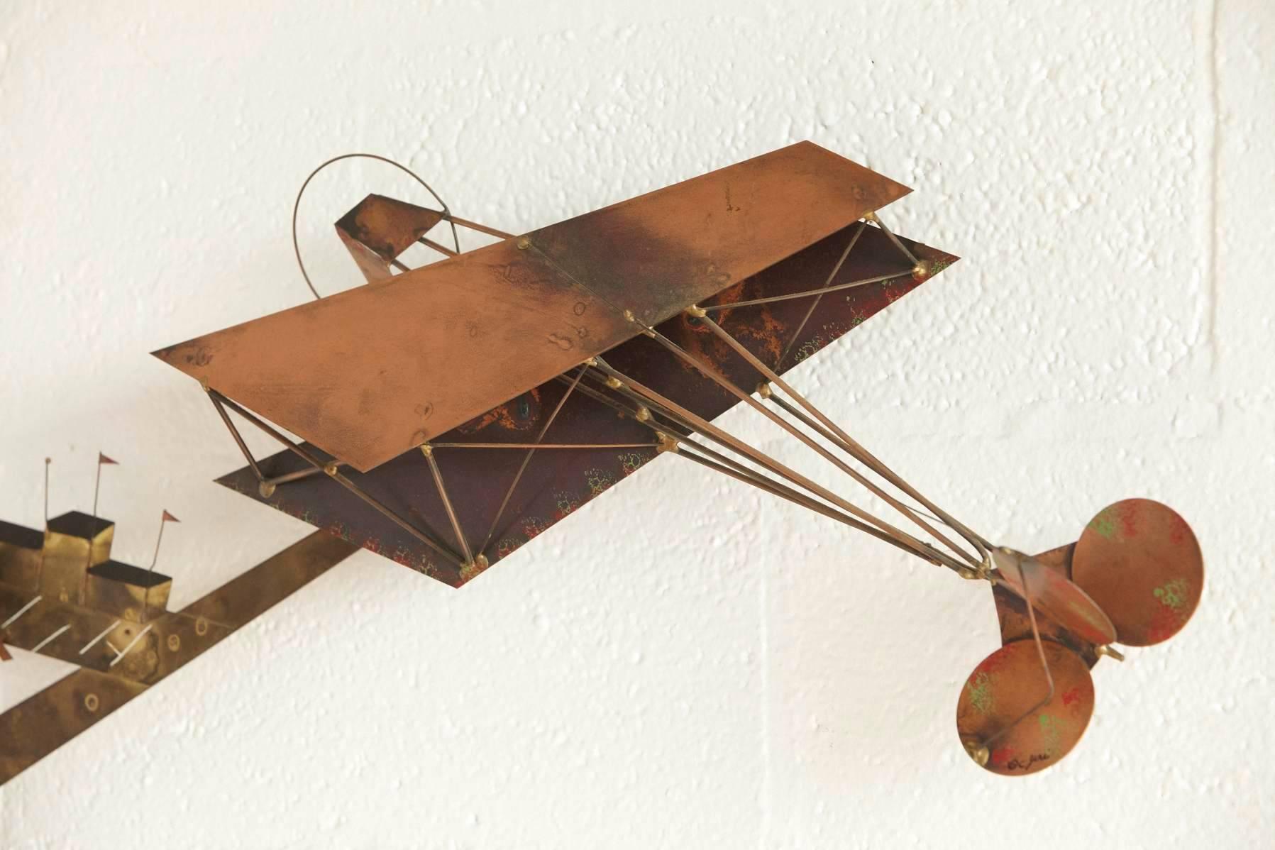Curtis Jere Brass Wall Sculpture of Airplanes and Airfield, Signed, 1970s In Good Condition In Pau, FR
