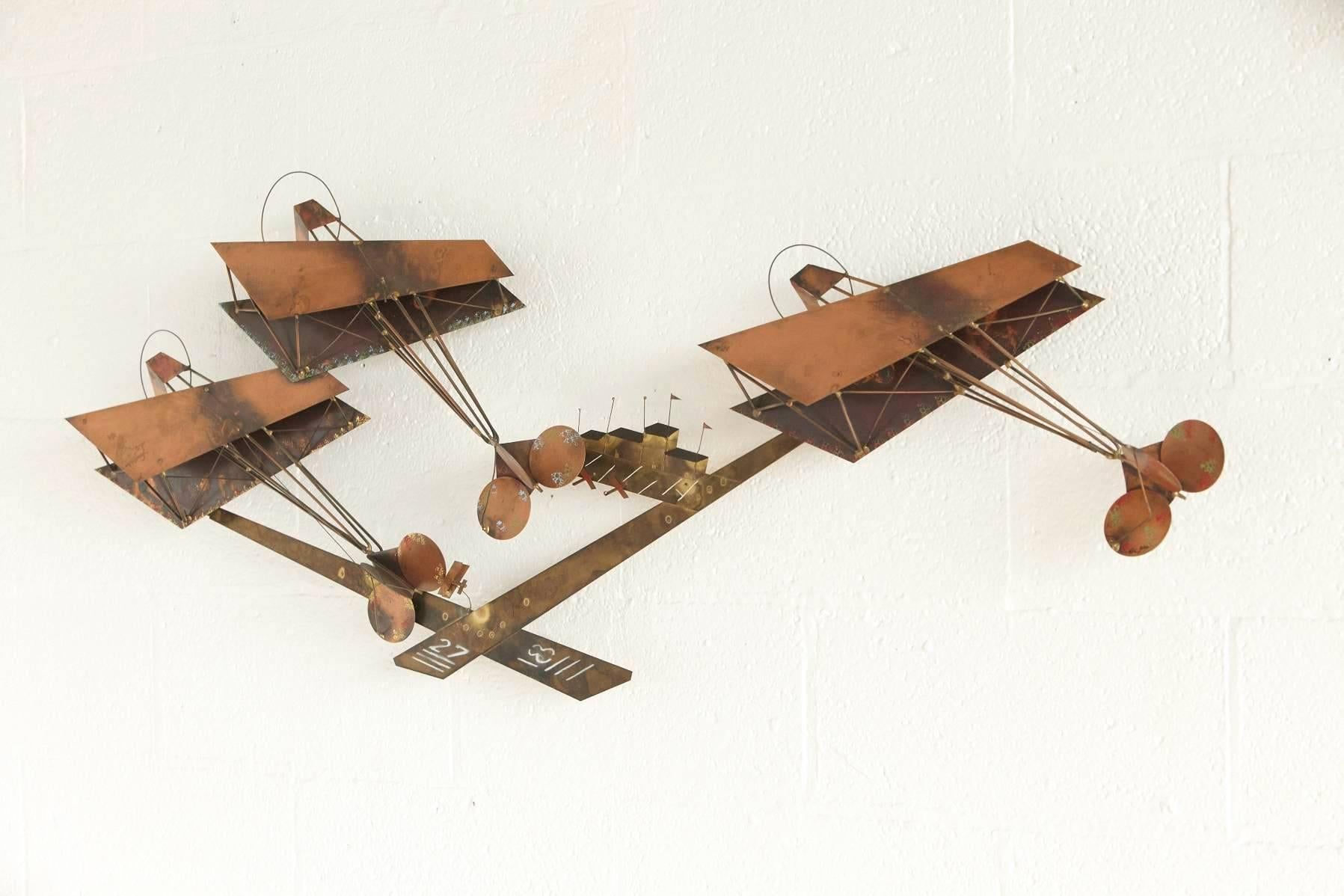 Curtis Jere Brass Wall Sculpture of Airplanes and Airfield, Signed, 1970s 3